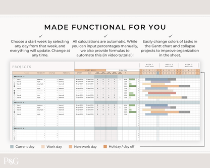 Gantt Chart Project Management Template for Google Sheets - Palm &amp; Grace