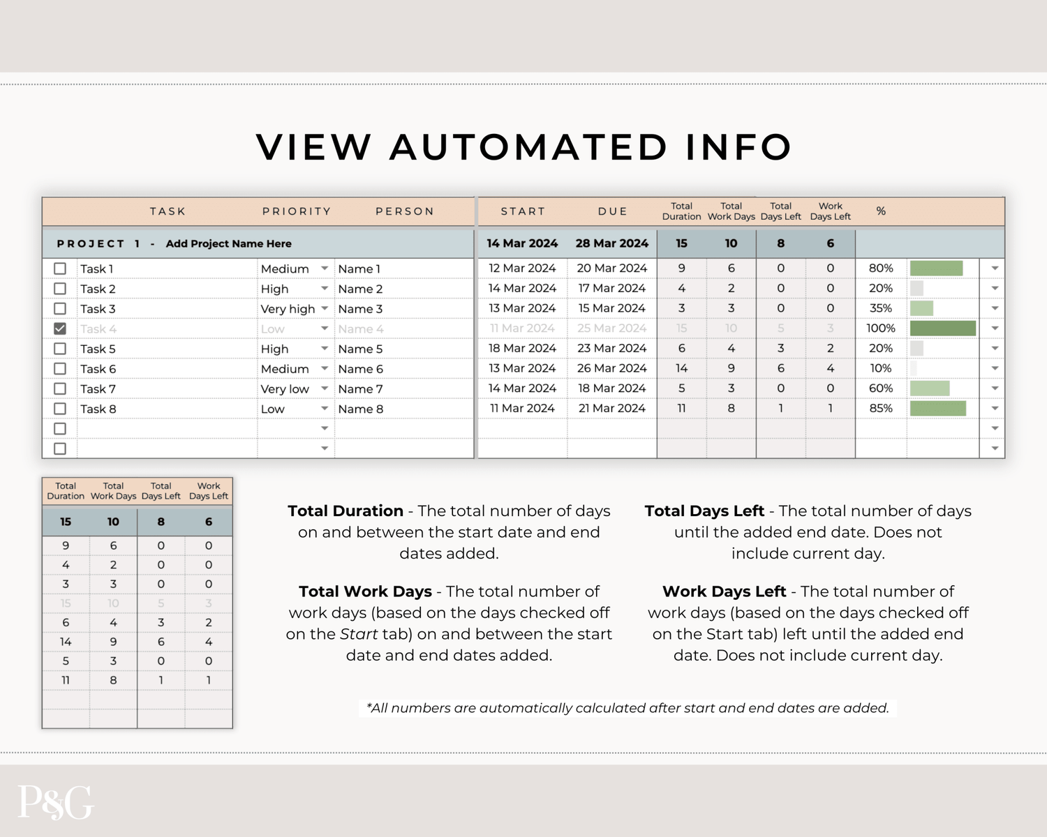 Gantt Chart Project Management Template for Google Sheets - Palm &amp; Grace