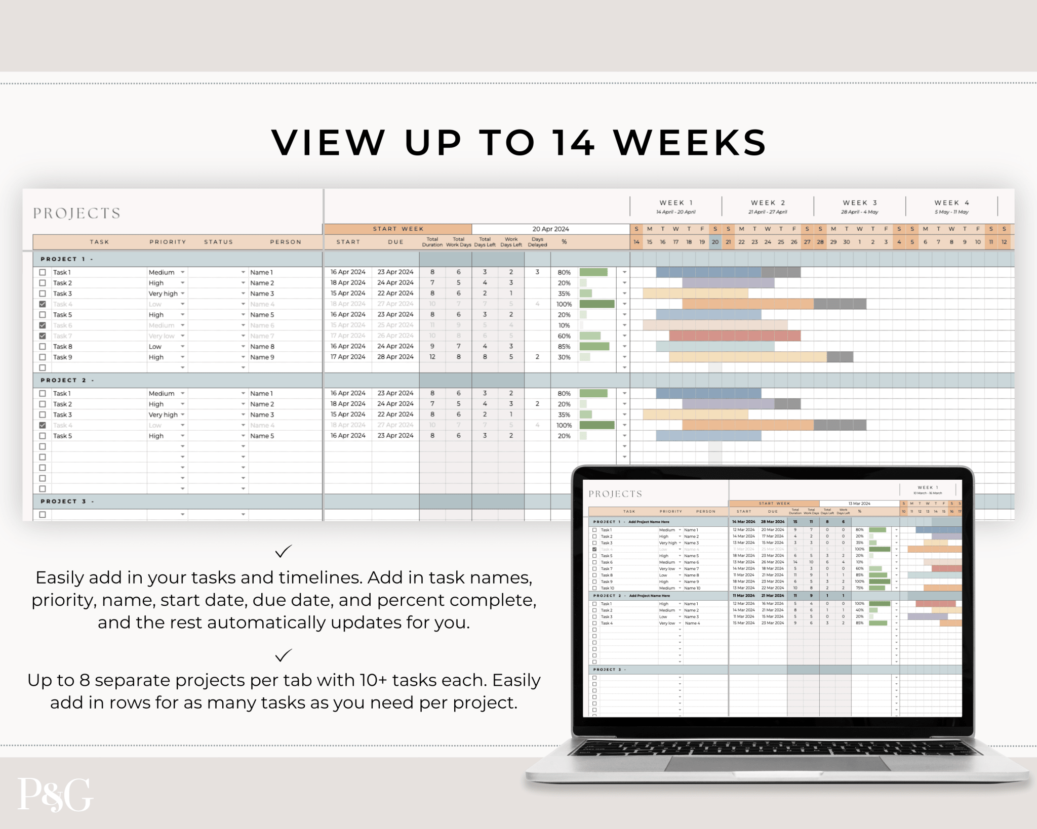 Gantt Chart Project Management Template for Google Sheets - Palm &amp; Grace