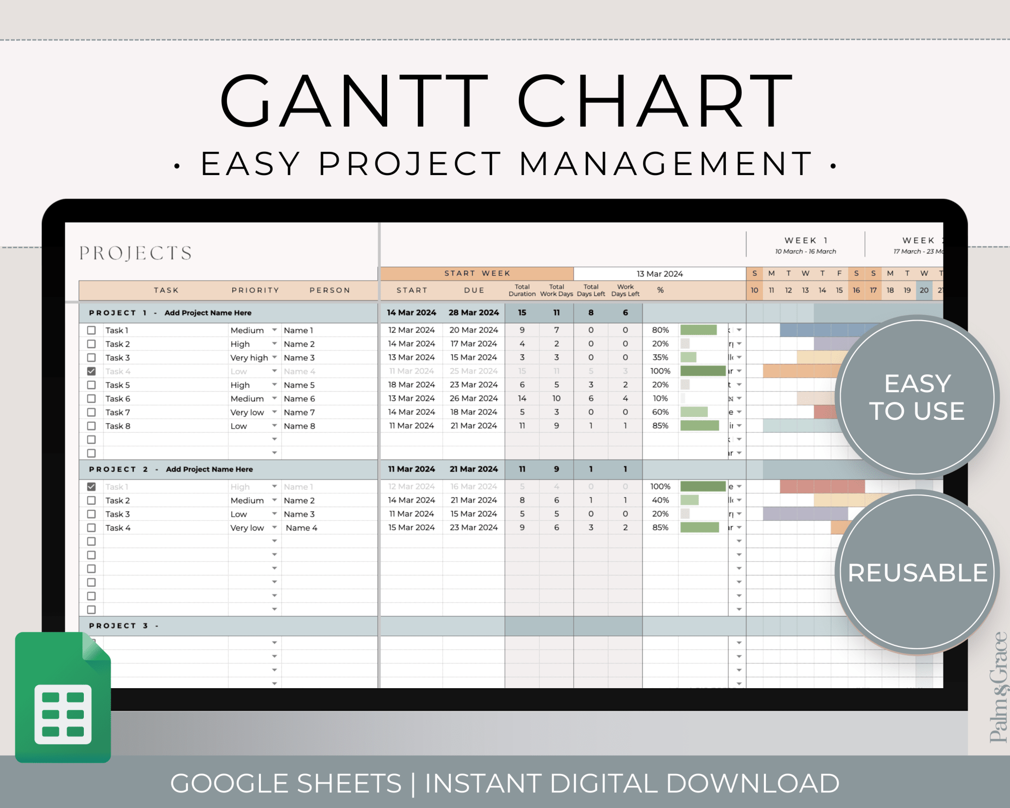 Gantt Chart Project Management Template for Google Sheets - Palm &amp; Grace