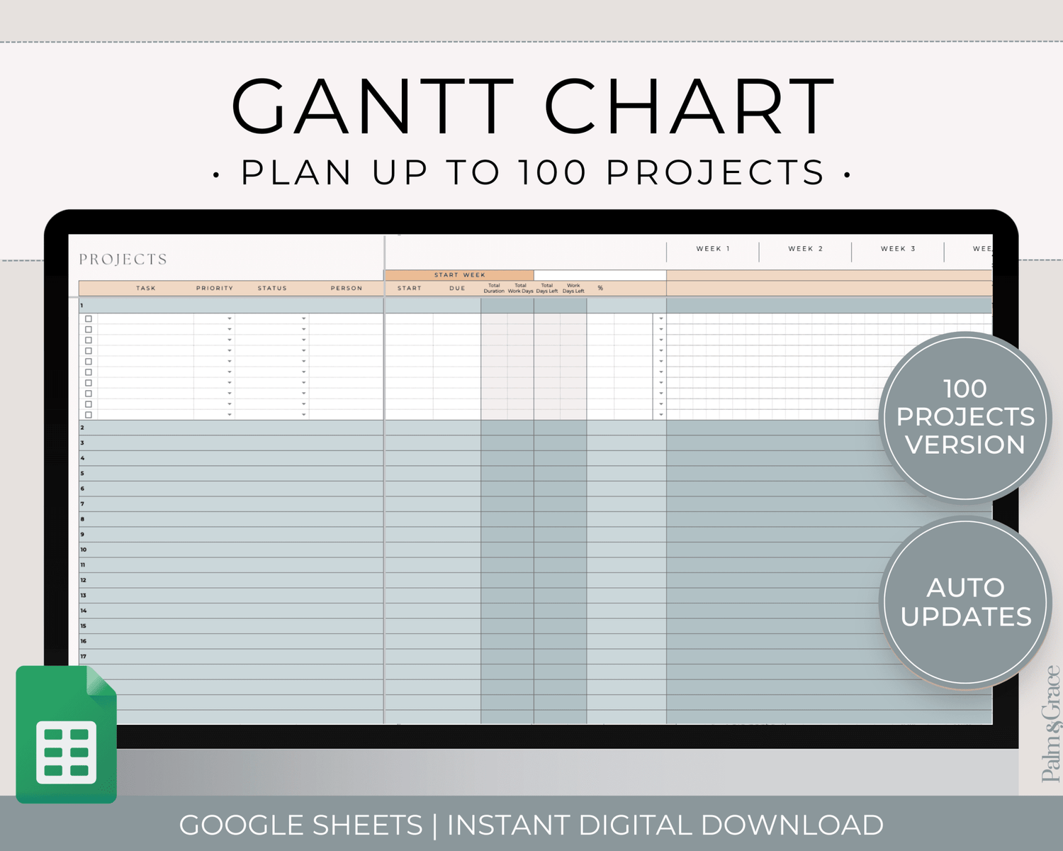 Gantt Chart Project Management Template for Google Sheets - Palm &amp; Grace