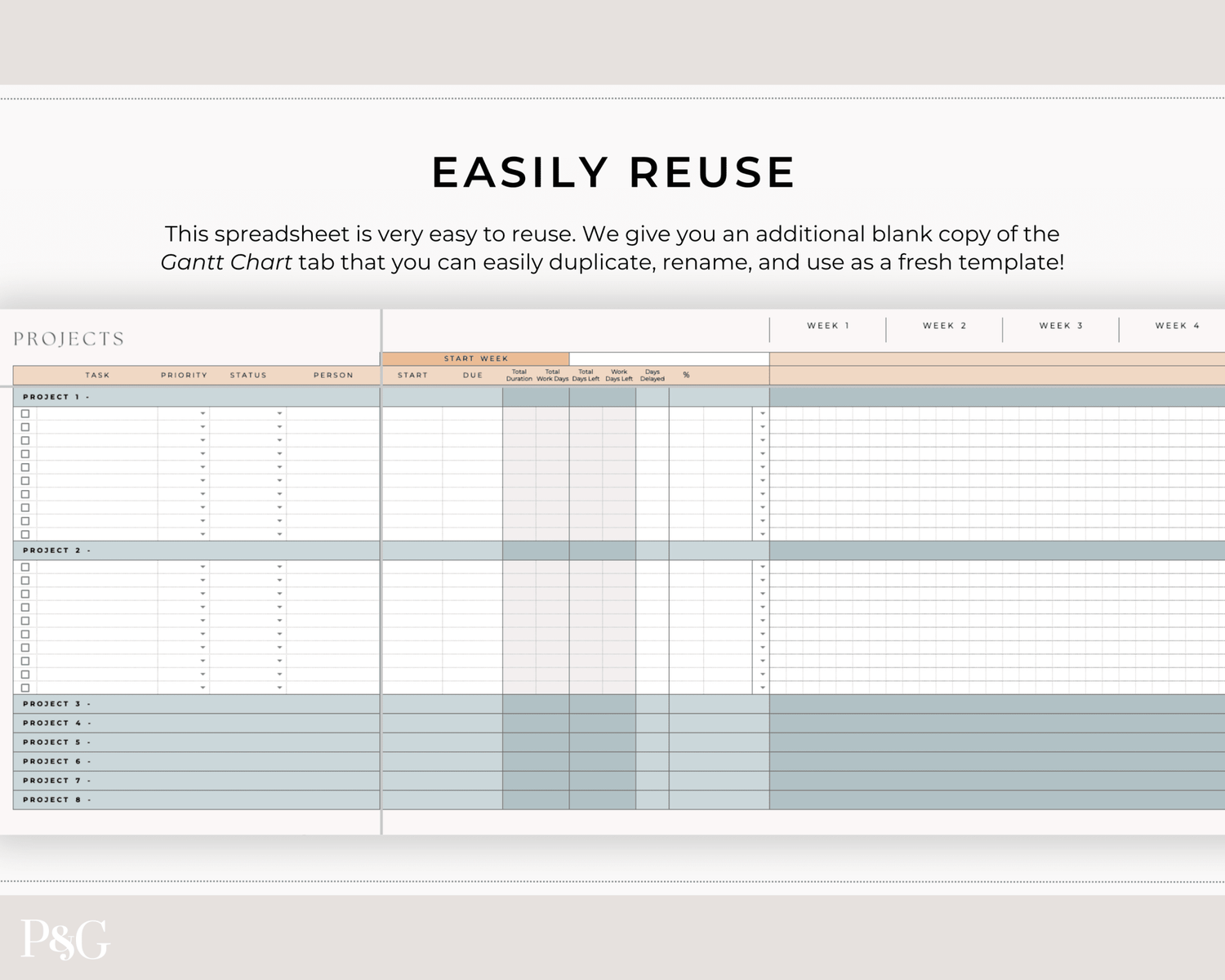 Gantt Chart Project Management Template for Google Sheets - Palm &amp; Grace