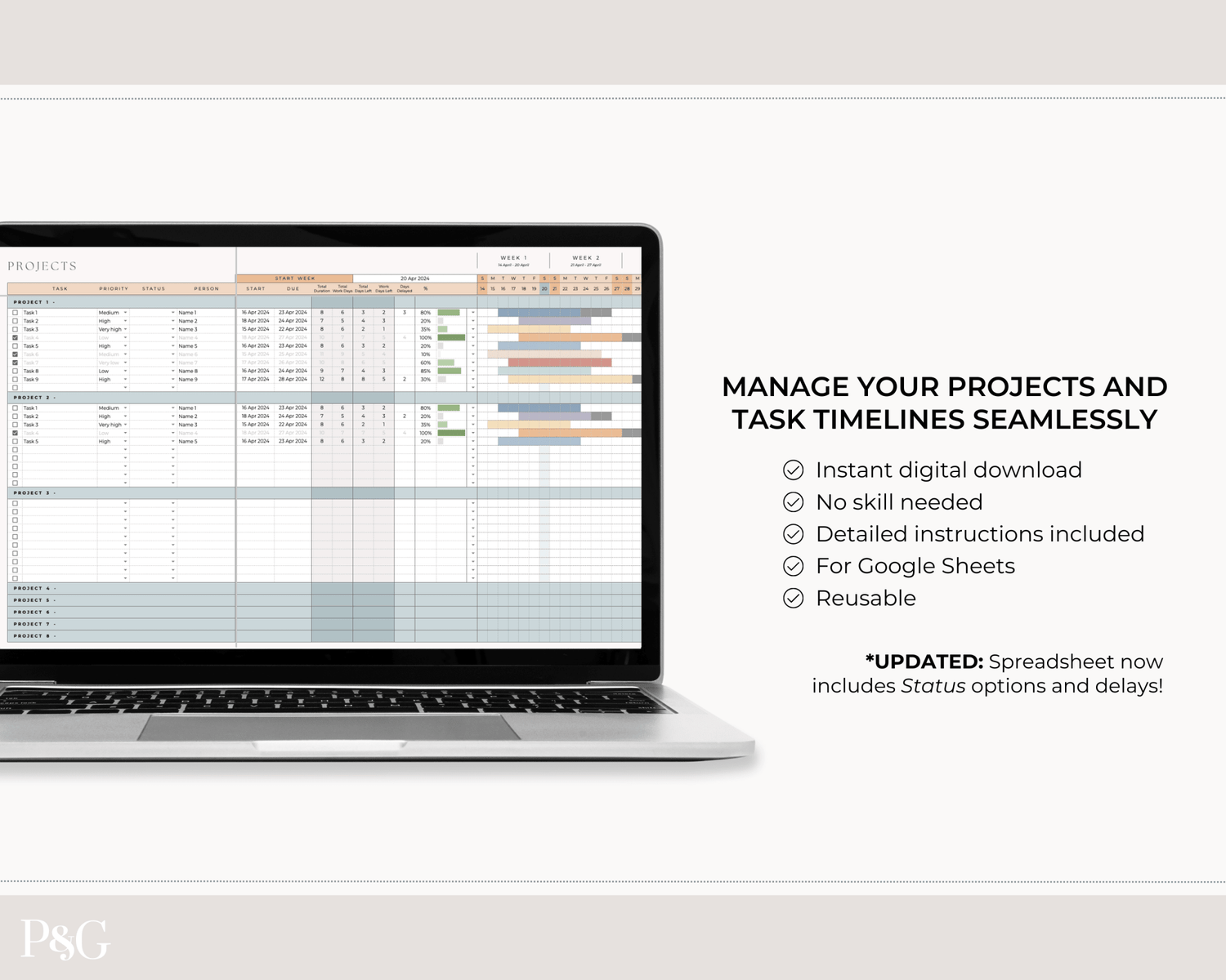 Gantt Chart Project Management Template for Google Sheets - Palm &amp; Grace