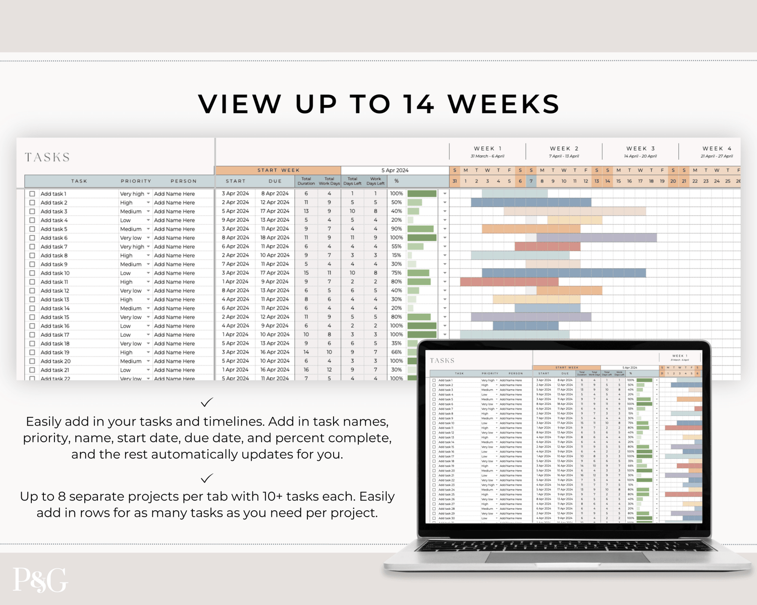 Gantt Chart To Do List Template for Google Sheets - Palm &amp; Grace