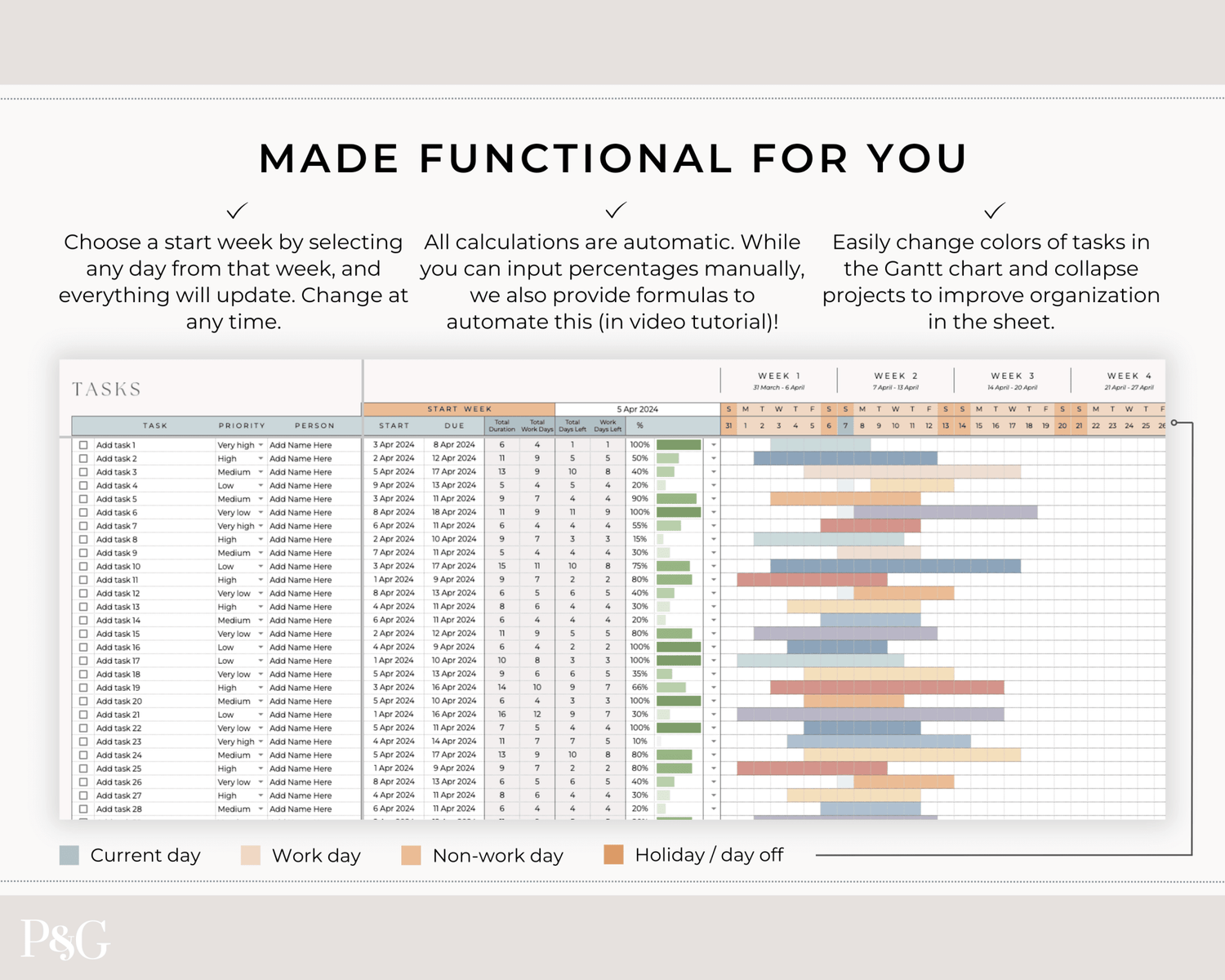 Gantt Chart To Do List Template for Google Sheets - Palm &amp; Grace