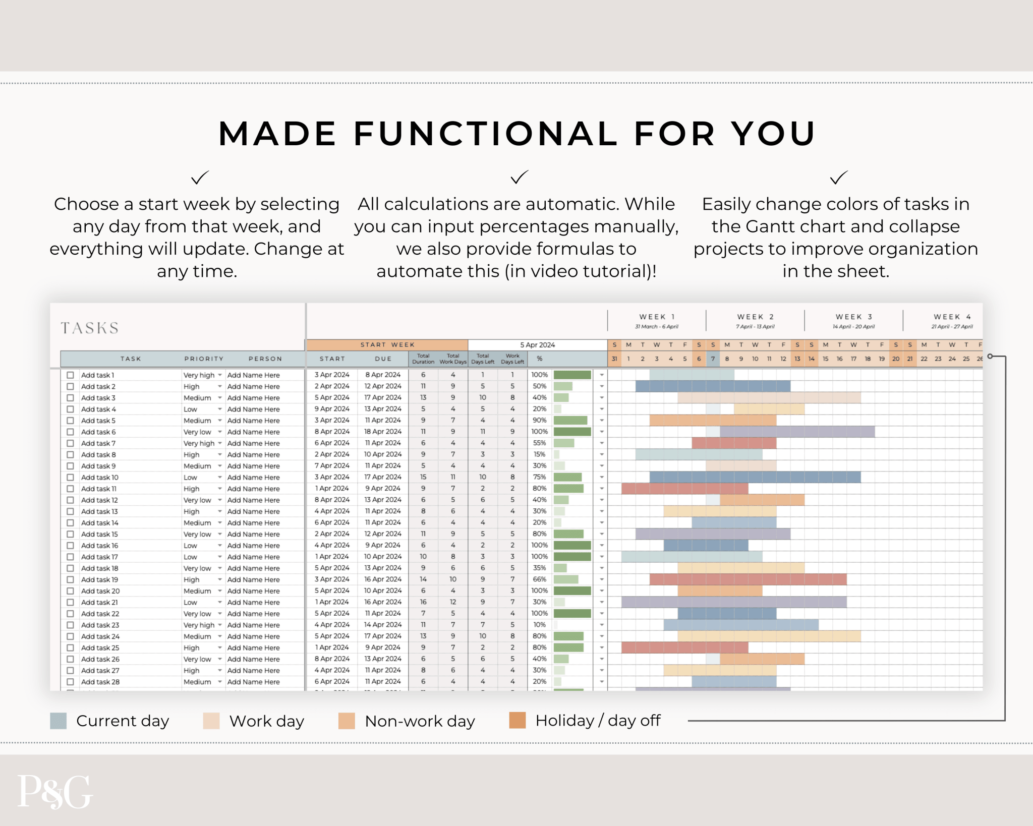 Gantt Chart To Do List Template for Google Sheets - Palm &amp; Grace