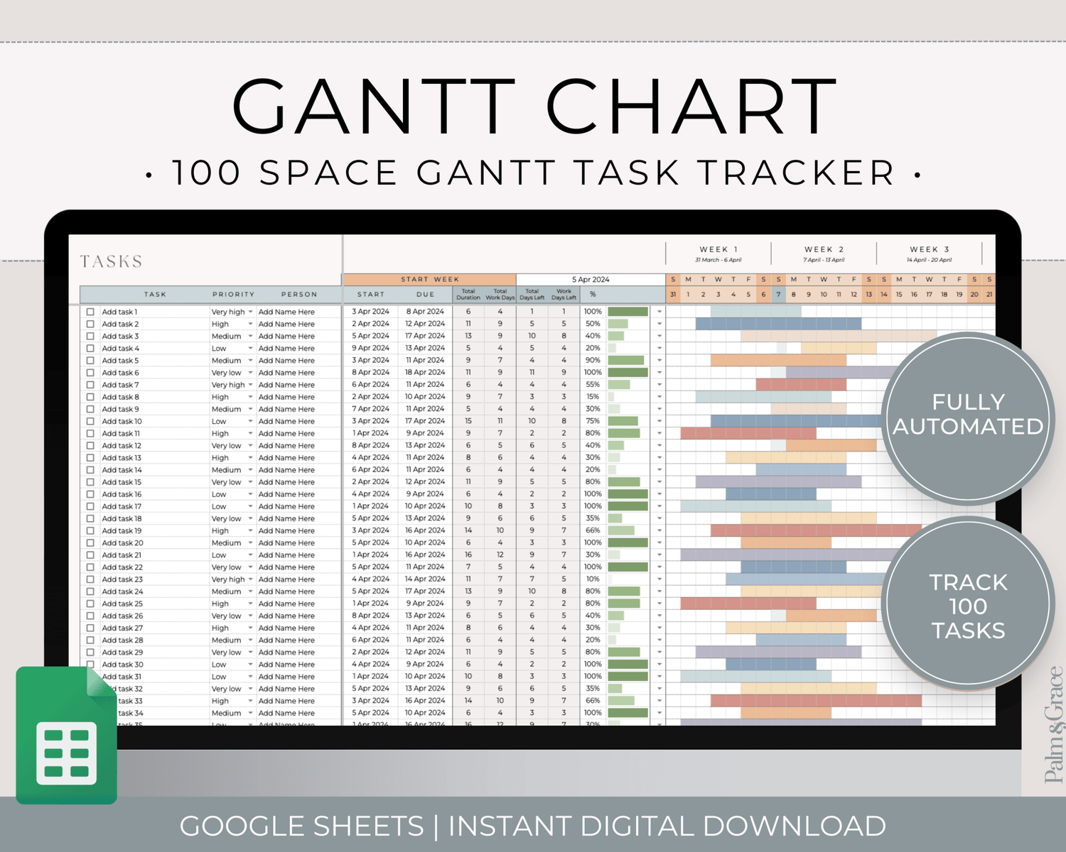 Gantt Chart To Do List Template for Google Sheets - Palm &amp; Grace