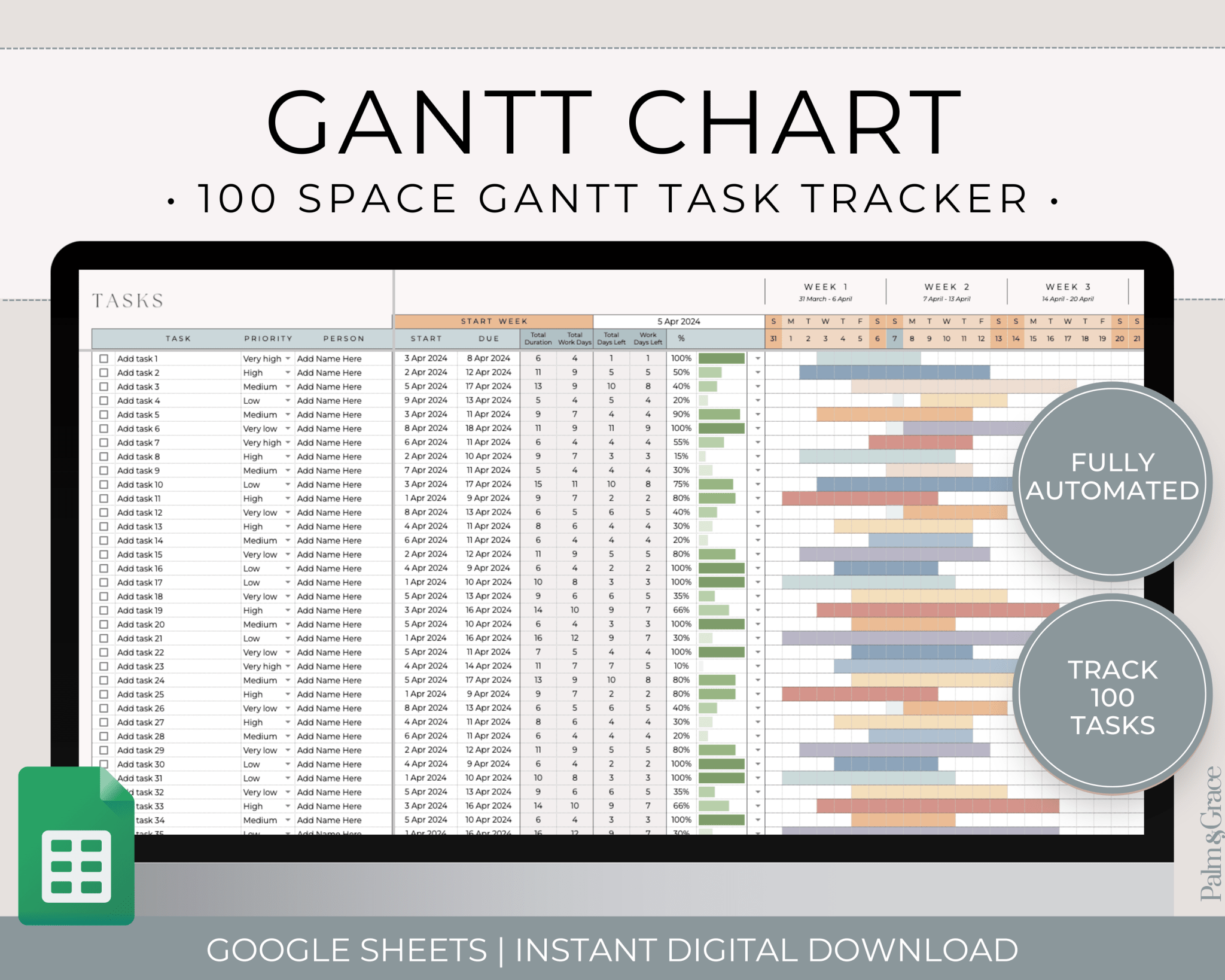 Gantt Chart To Do List Template for Google Sheets - Palm &amp; Grace