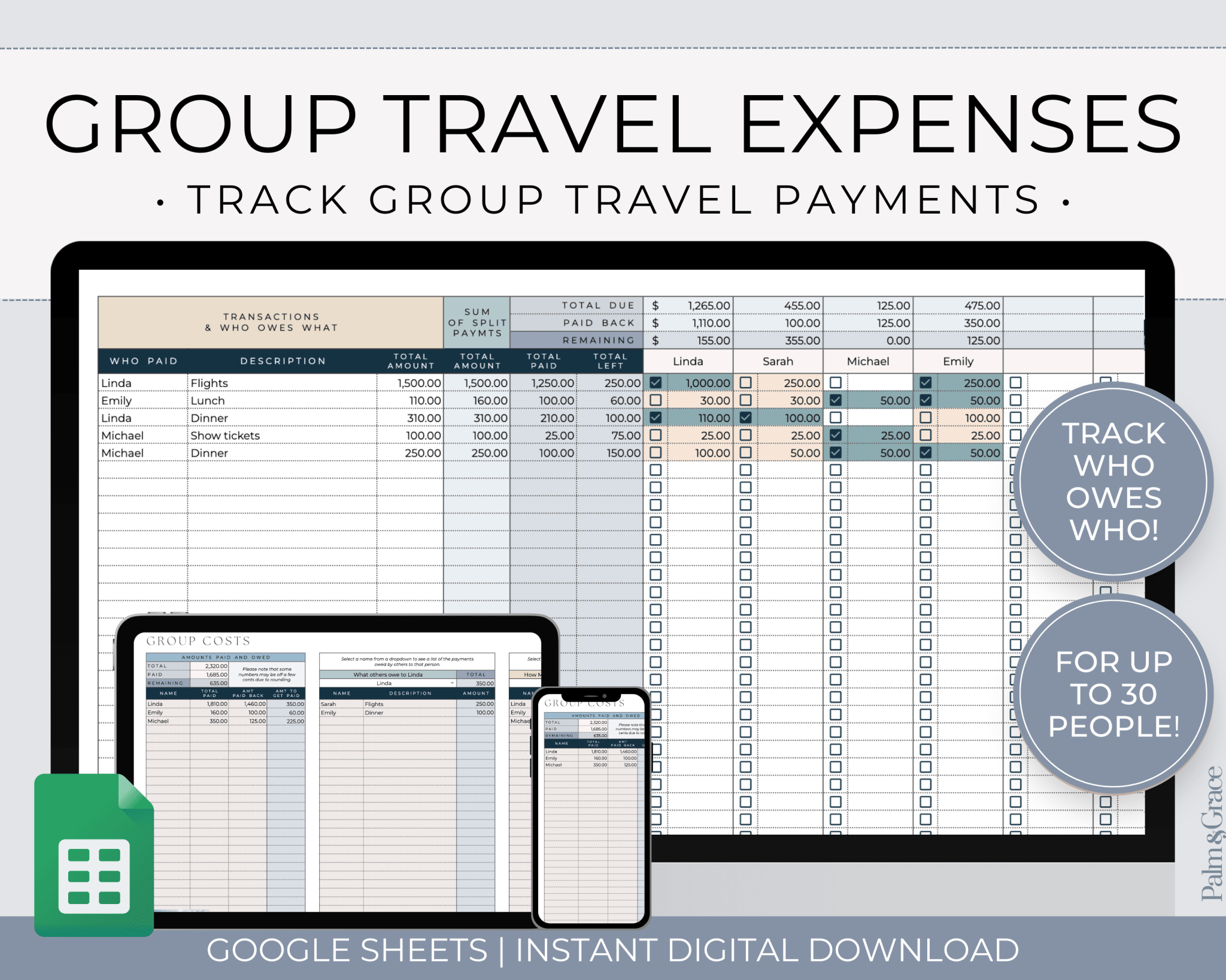 Group Travel Expense Tracker Spreadsheet For Google Sheets - Palm &amp; Grace