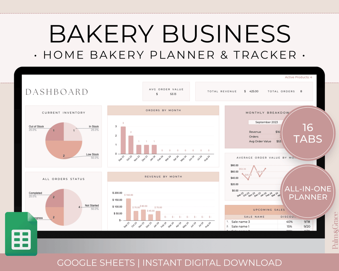 Home Bakery Business Planner Spreadsheet for Google Sheets - Palm &amp; Grace