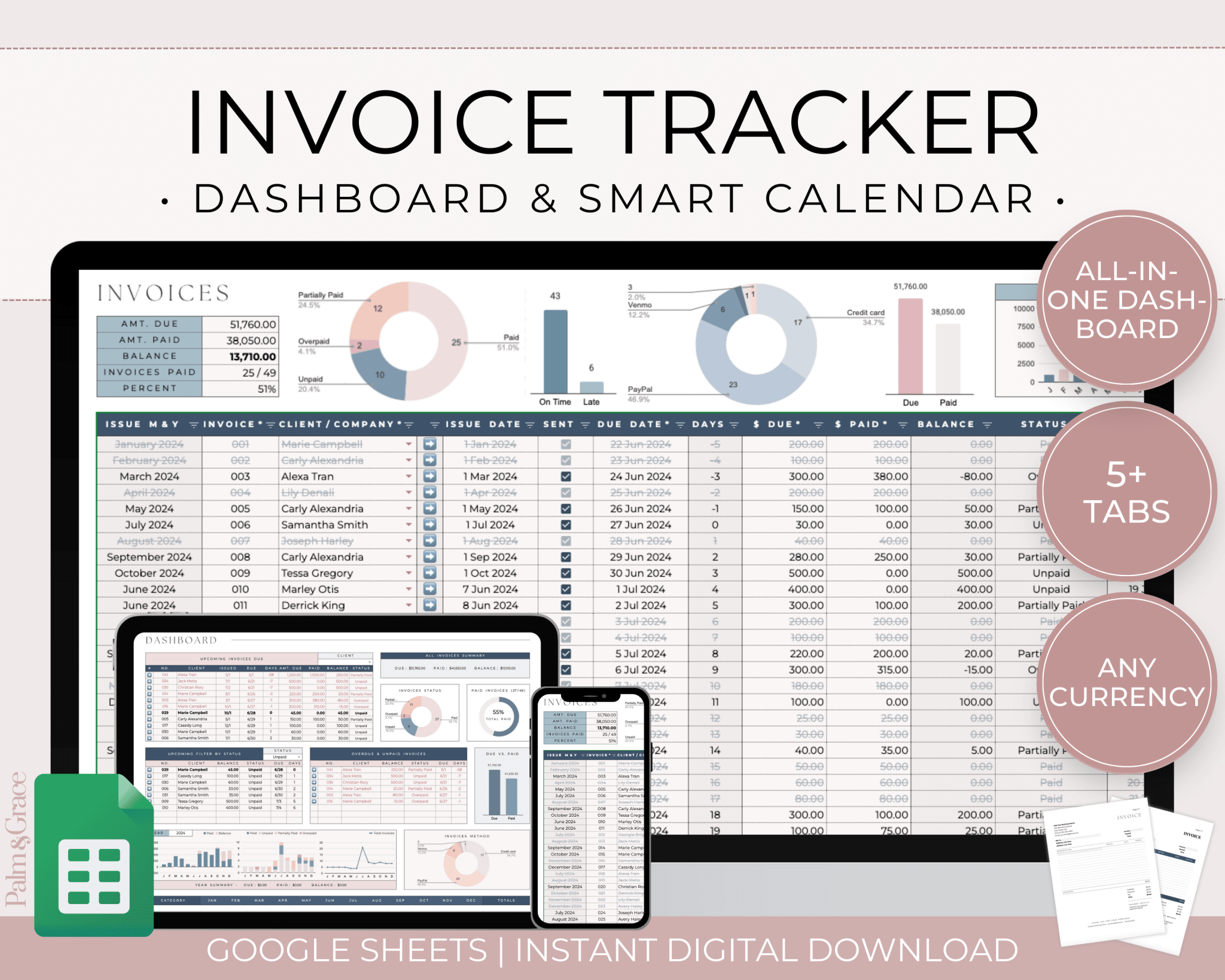 Invoice Tracker Spreadsheet for Google Sheets - Palm &amp; Grace