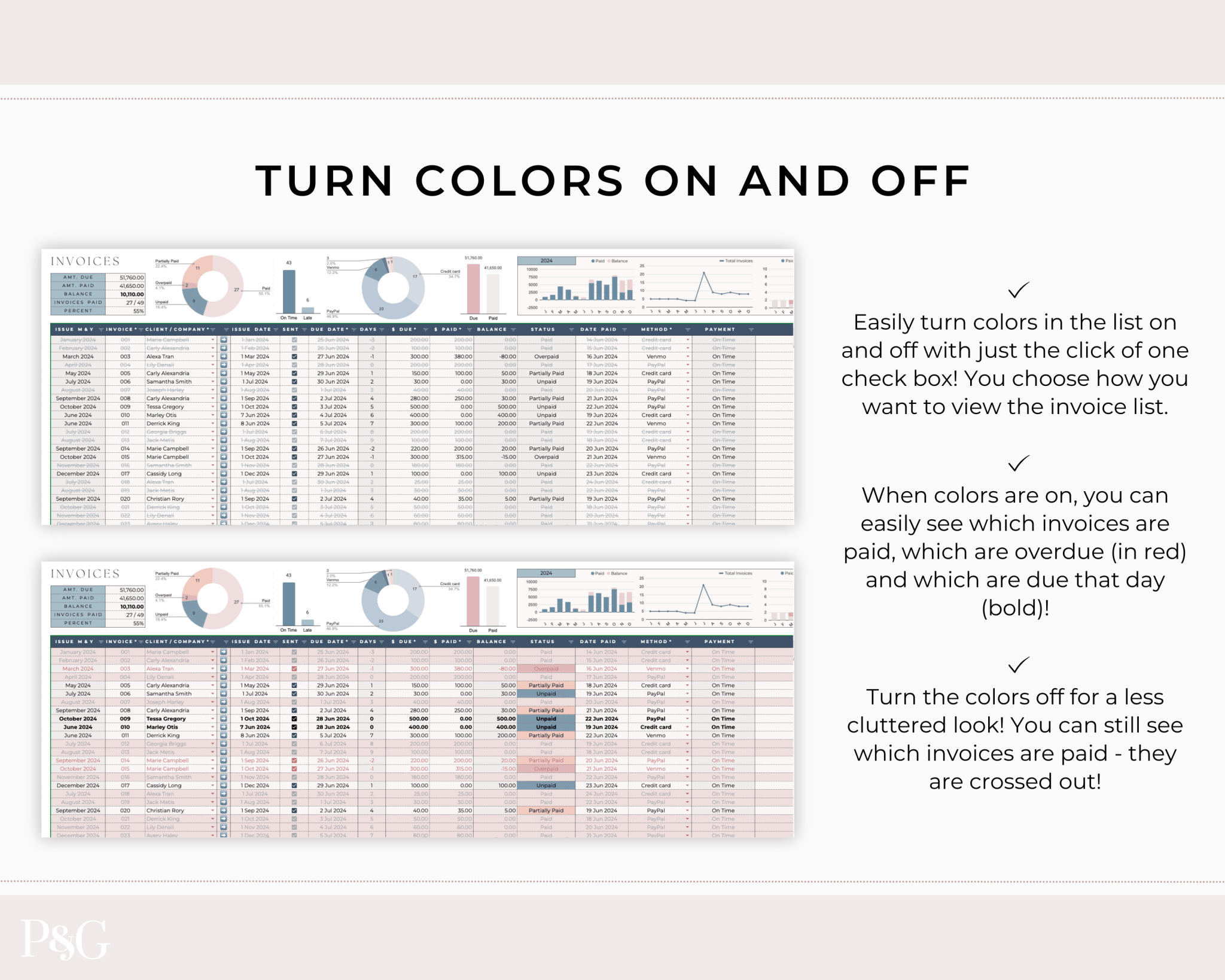 Invoice Tracker Spreadsheet for Google Sheets - Palm &amp; Grace