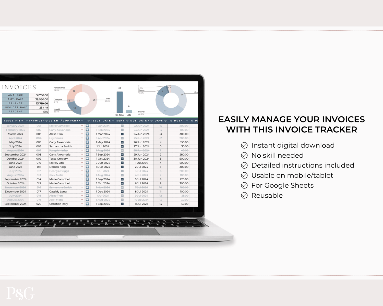 Invoice Tracker Spreadsheet for Google Sheets - Palm &amp; Grace