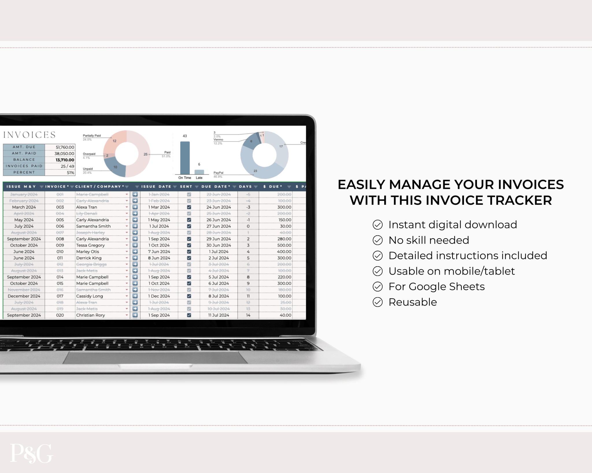 Invoice Tracker Spreadsheet for Google Sheets - Palm &amp; Grace
