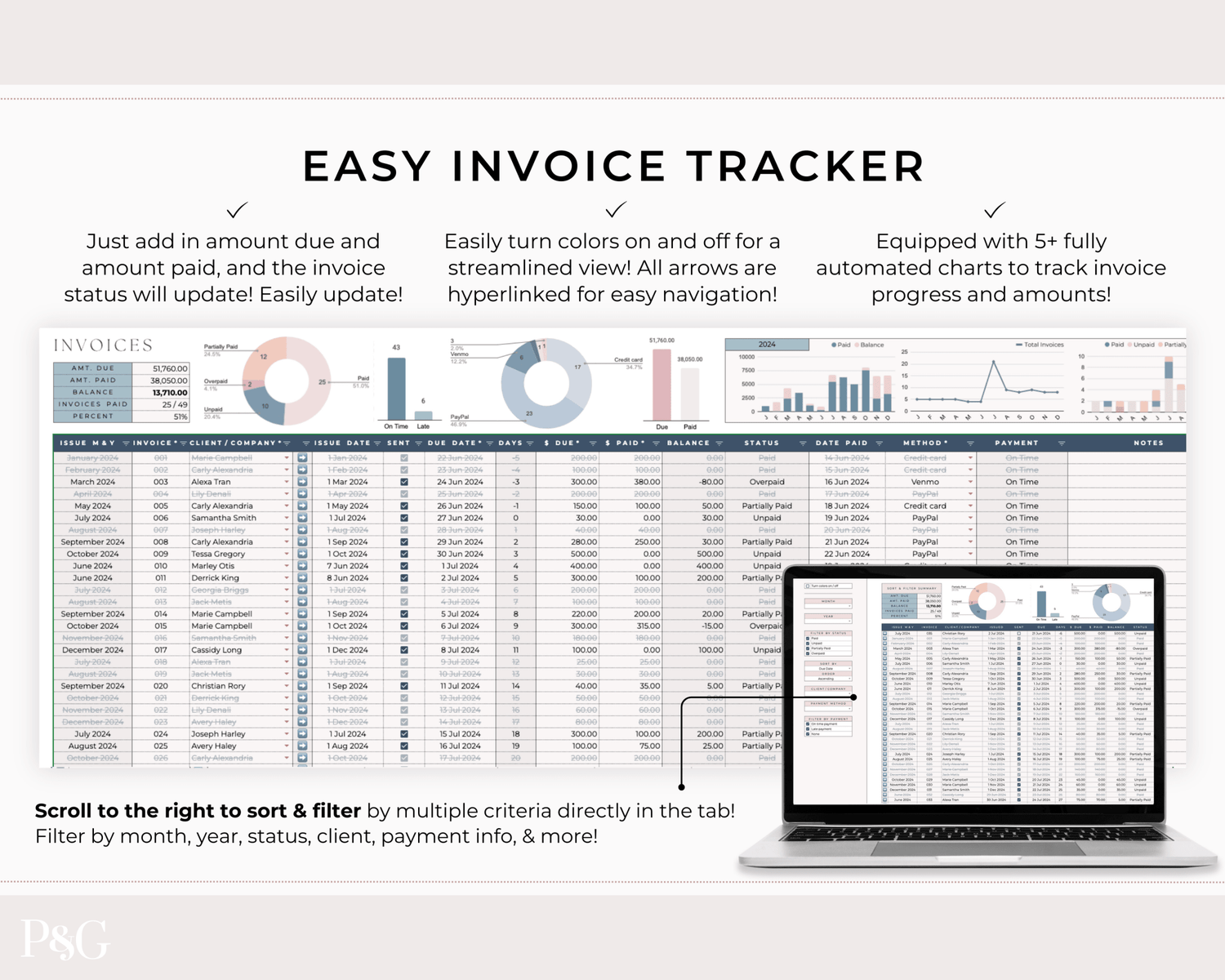 Invoice Tracker Spreadsheet for Google Sheets - Palm &amp; Grace