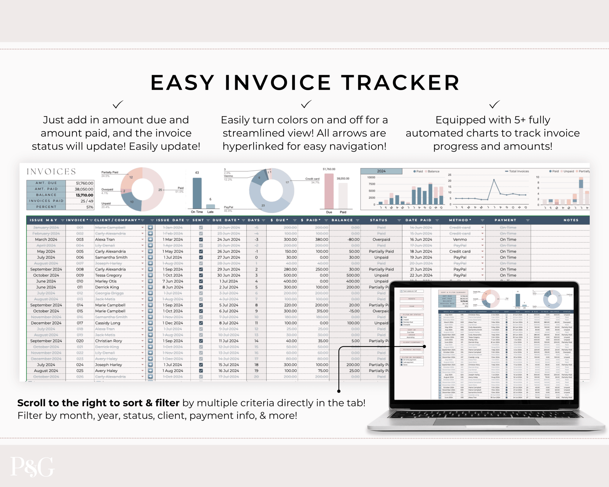 Invoice Tracker Spreadsheet for Google Sheets - Palm &amp; Grace