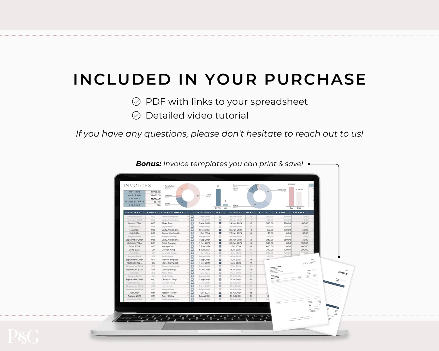 Invoice Tracker Spreadsheet for Google Sheets - Palm &amp; Grace