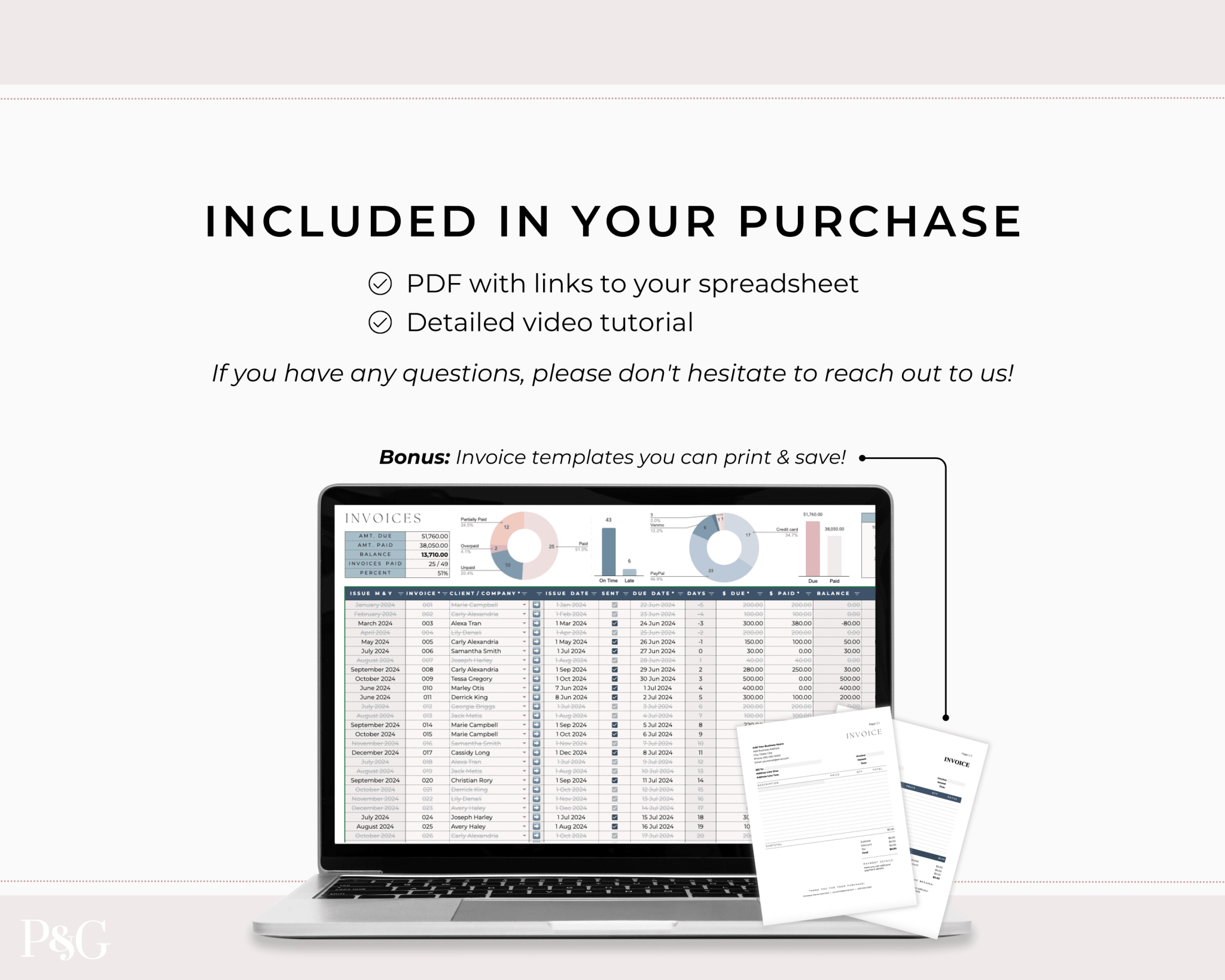 Invoice Tracker Spreadsheet for Google Sheets - Palm &amp; Grace