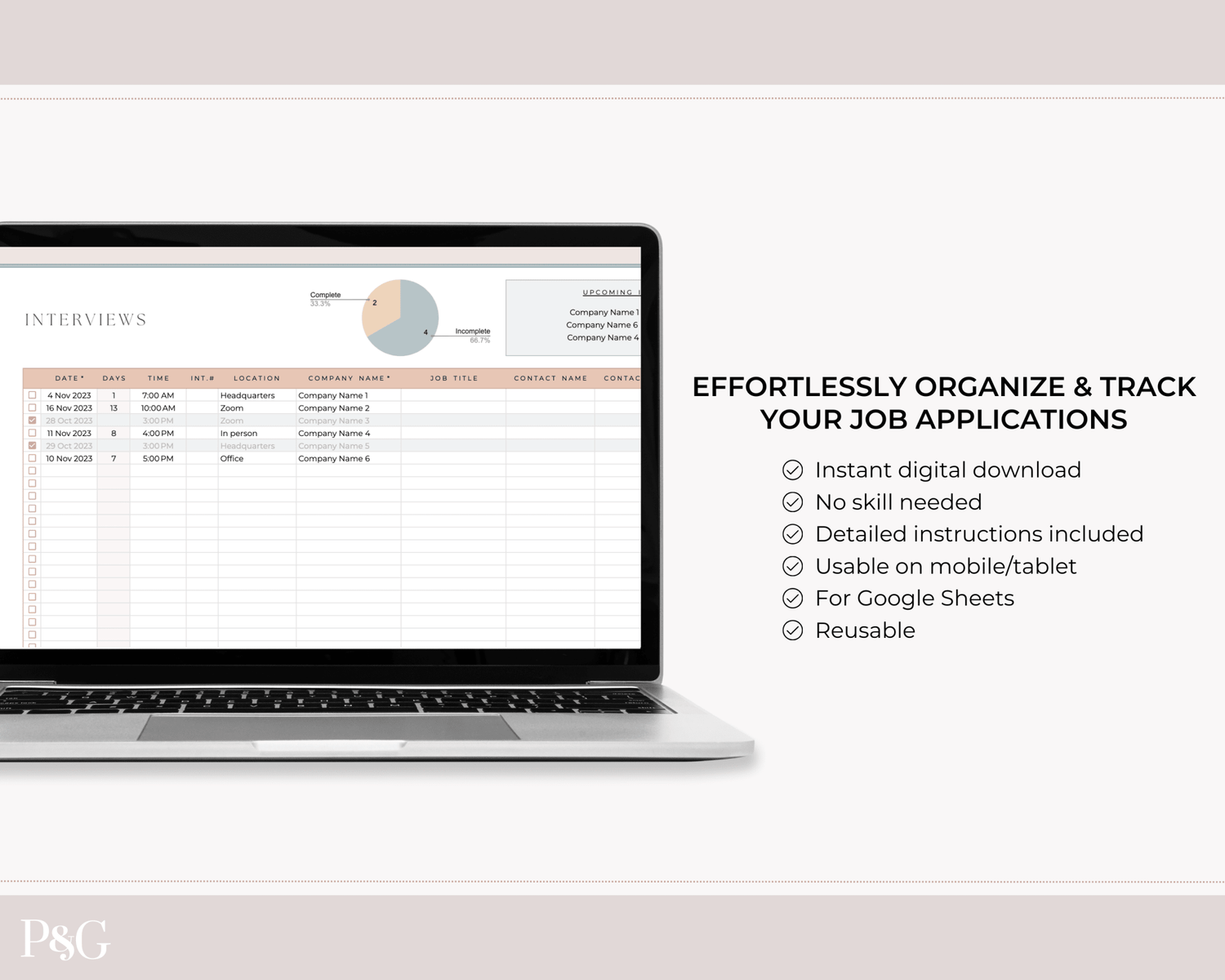 Job Application Tracker Spreadsheet for Google Sheets - Palm &amp; Grace