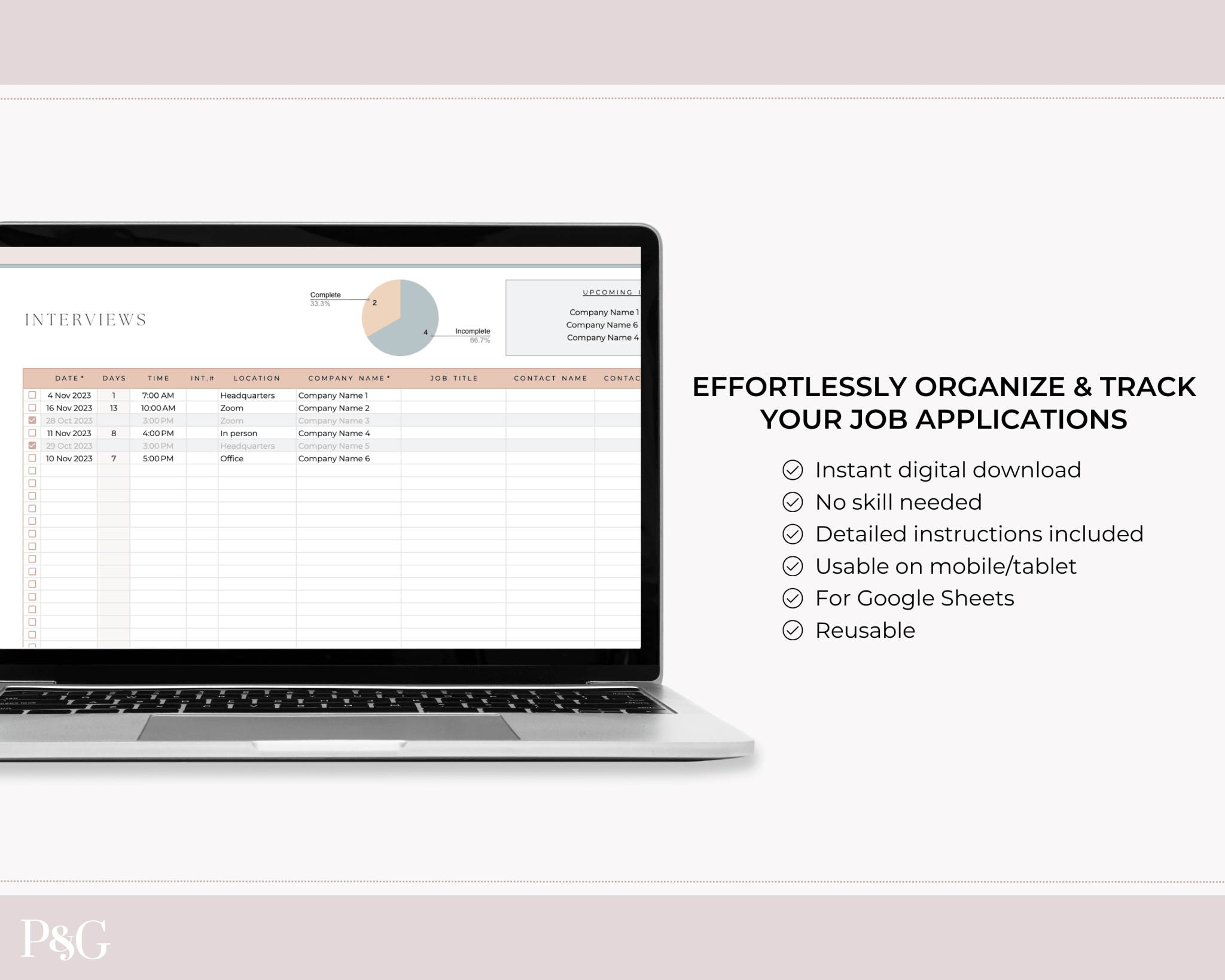 Job Application Tracker Spreadsheet for Google Sheets - Palm &amp; Grace