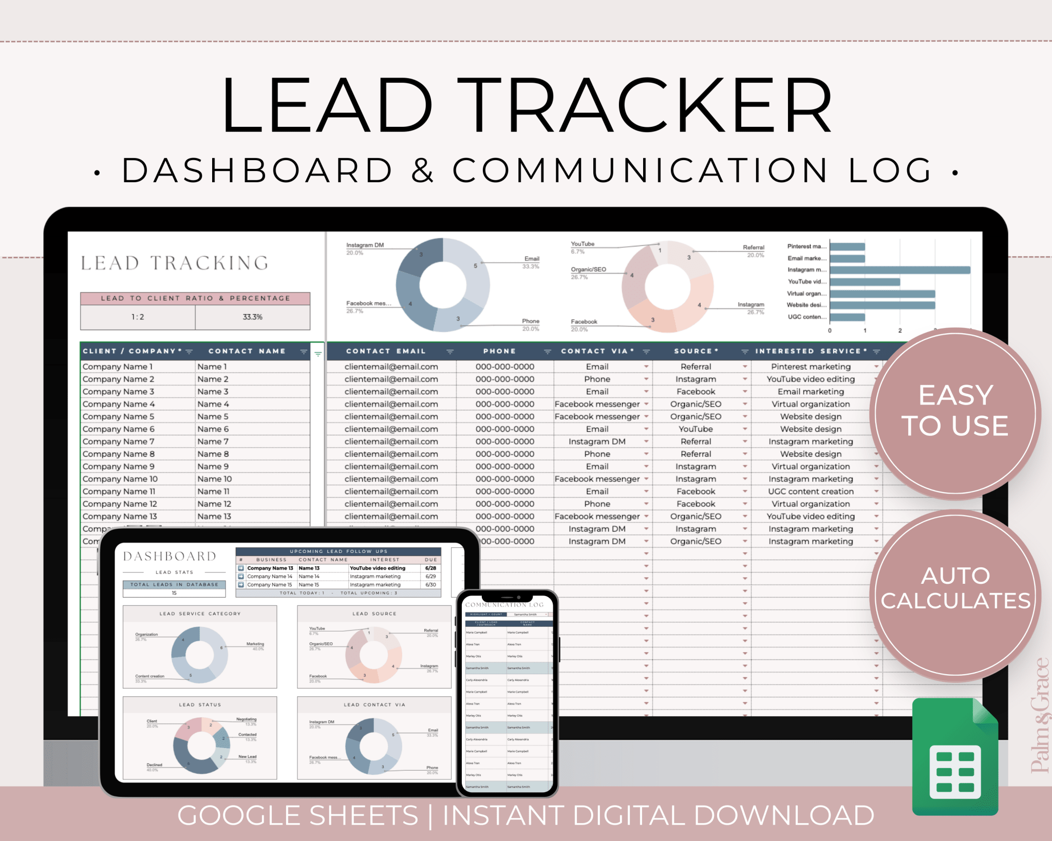 Lead Tracker Template for Google Sheets - Palm &amp; Grace