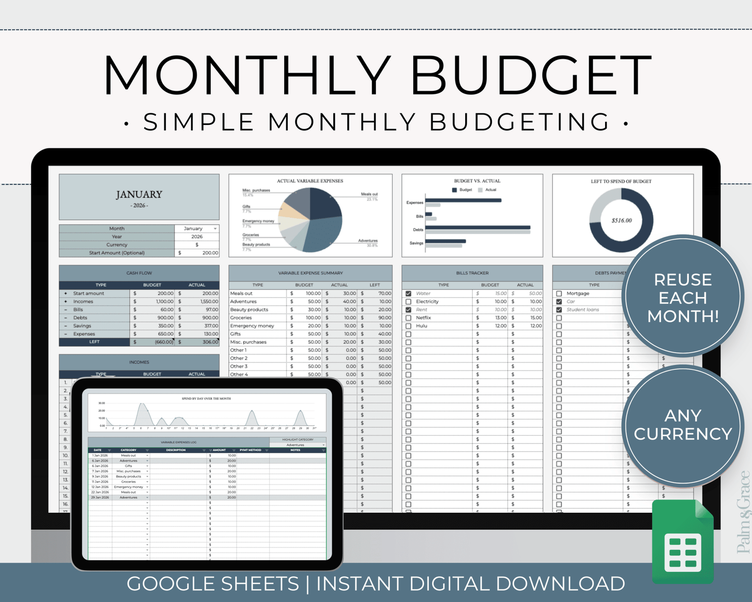 Monthly Budget Spreadsheet Template for Google Sheets - Palm &amp; Grace