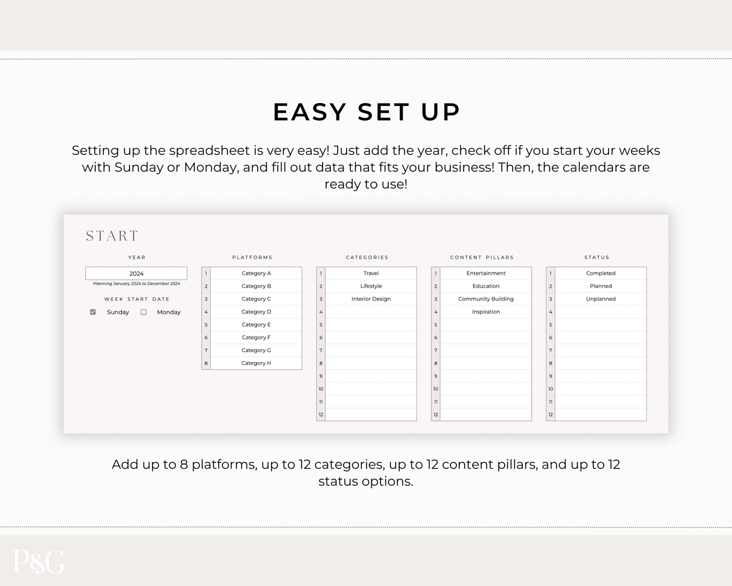 Monthly Social Media Content Calendar for Google Sheets - Palm &amp; Grace 