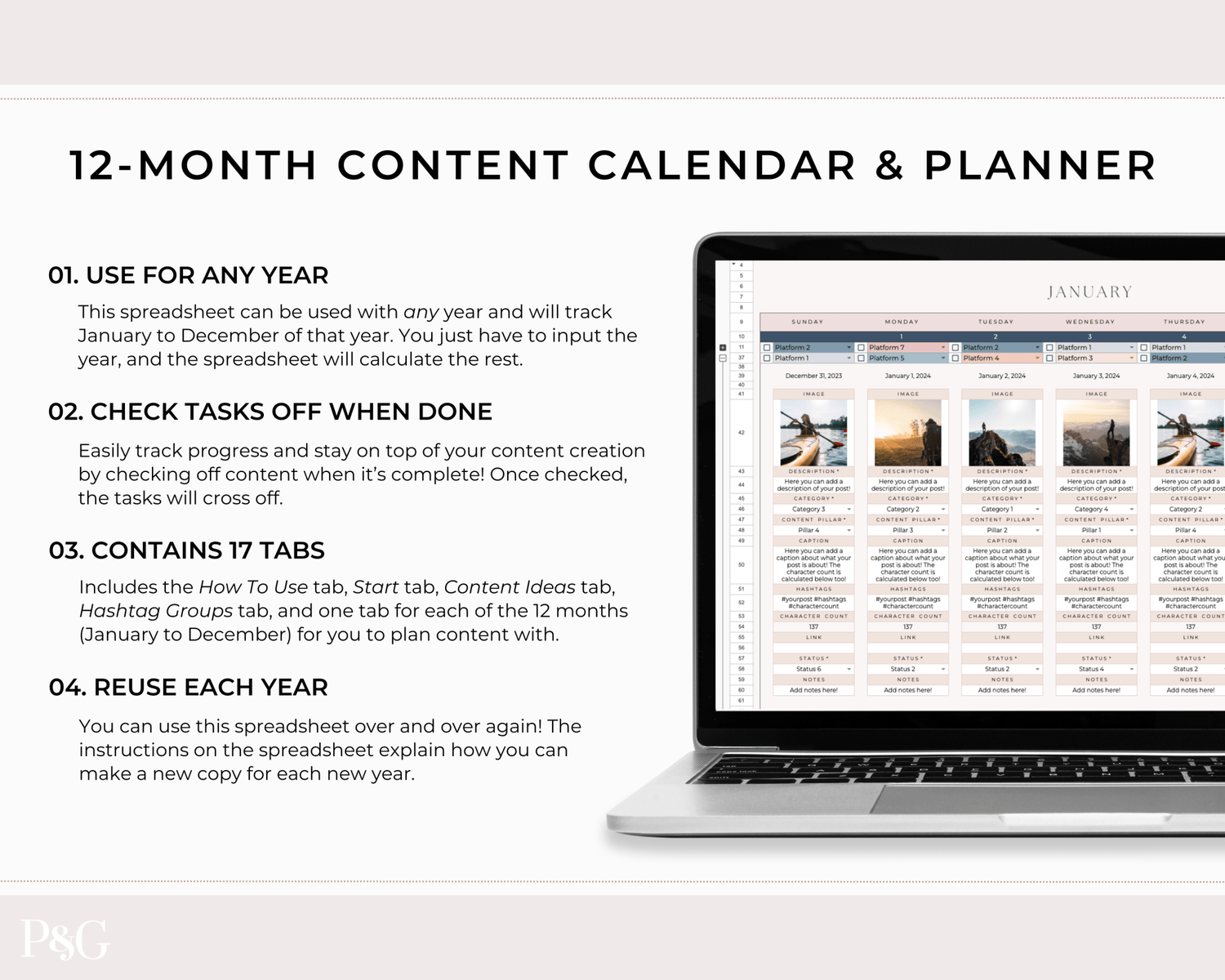 Monthly Social Media Content Calendar for Google Sheets - Palm &amp; Grace 
