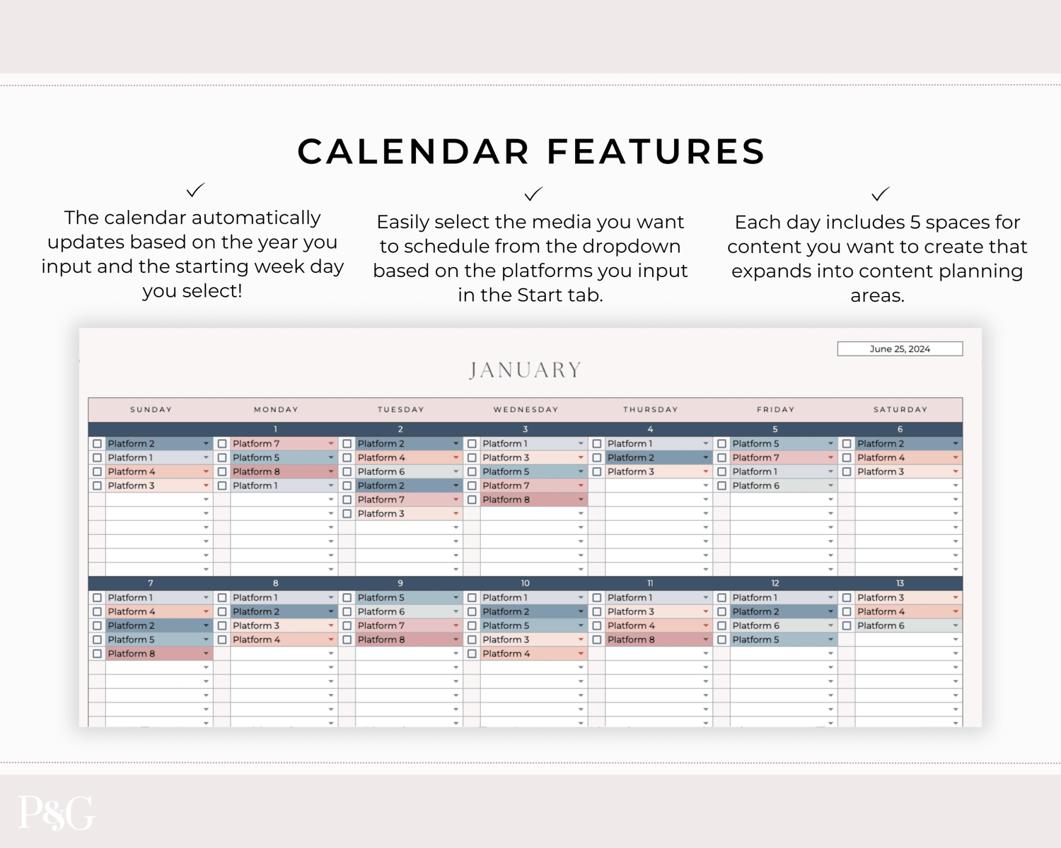 Monthly Social Media Content Calendar for Google Sheets - Palm &amp; Grace 
