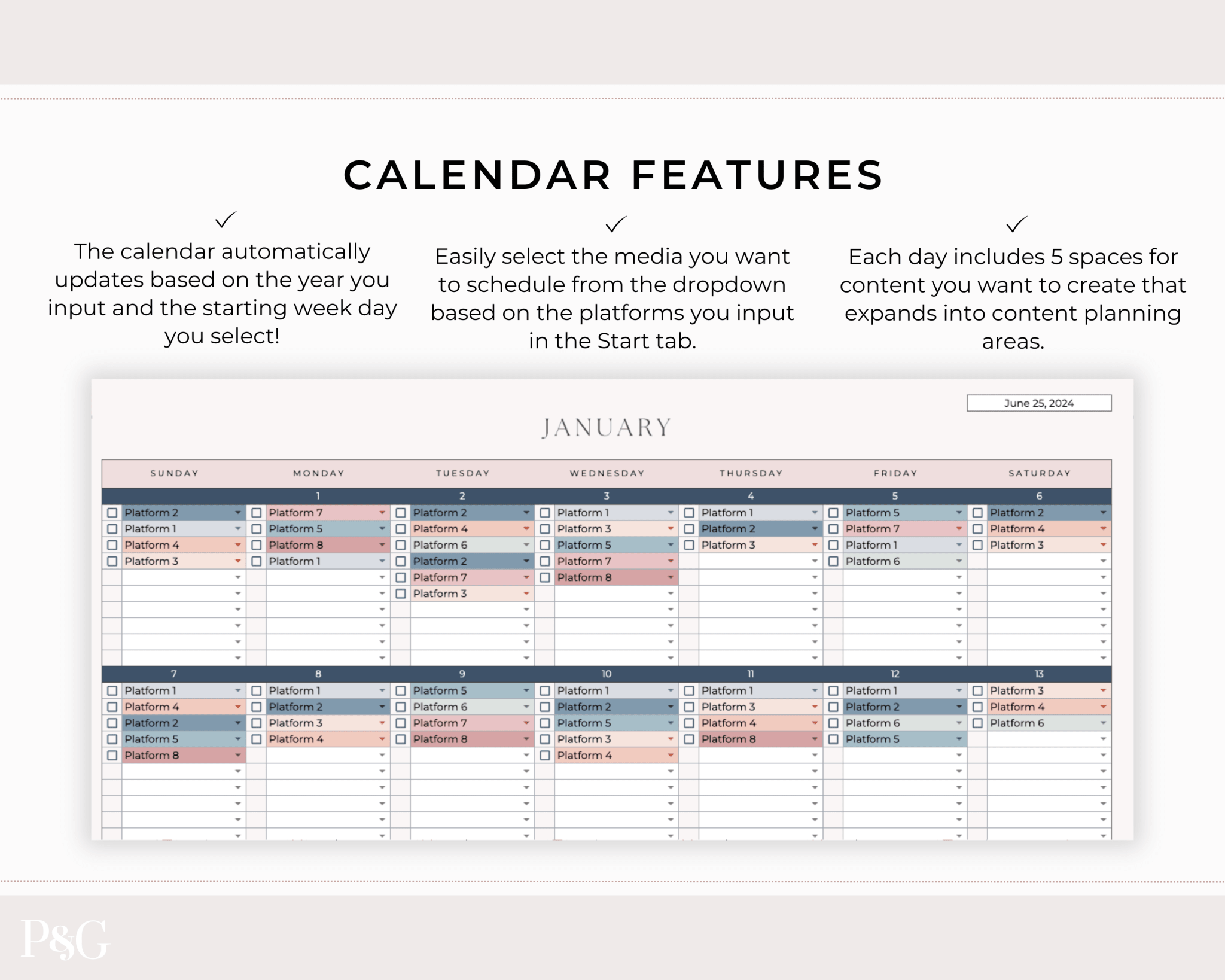 Monthly Social Media Content Calendar for Google Sheets - Palm &amp; Grace 