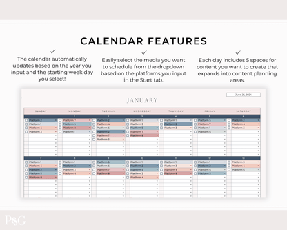 Monthly Social Media Content Calendar for Google Sheets - Palm &amp; Grace 