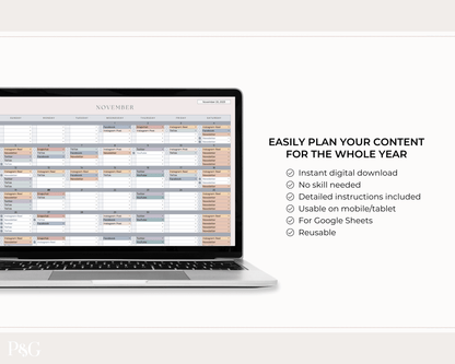 Monthly Social Media Content Calendar for Google Sheets - Palm &amp; Grace 