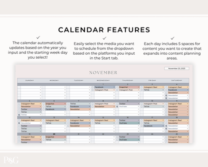Monthly Social Media Content Calendar for Google Sheets - Palm &amp; Grace 