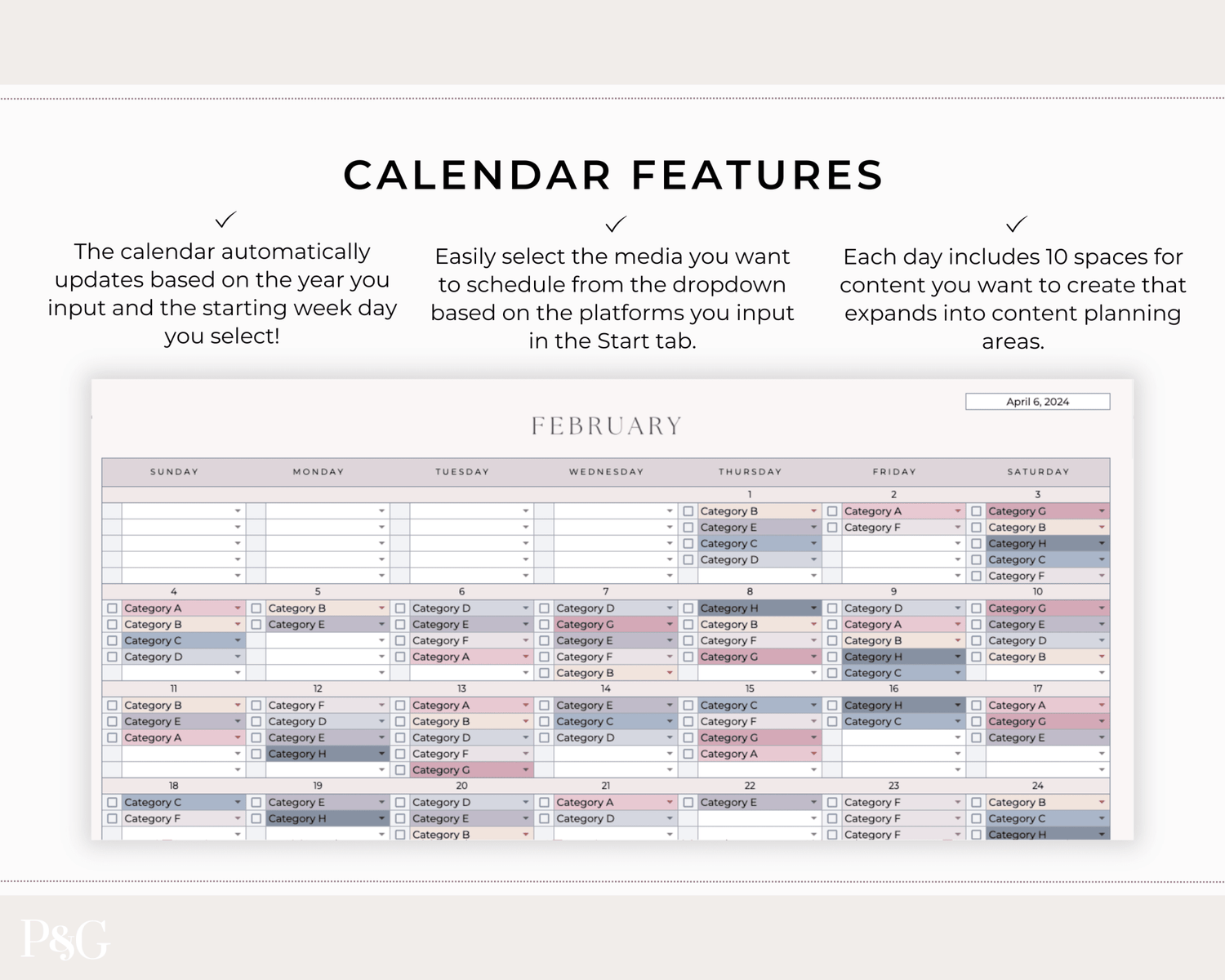 Monthly Social Media Content Calendar for Google Sheets - Palm &amp; Grace 