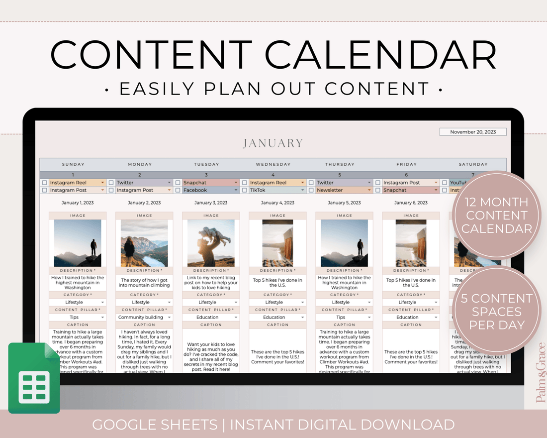 Monthly Social Media Content Calendar for Google Sheets - Palm &amp; Grace 