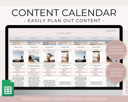 Monthly Social Media Content Calendar for Google Sheets - Palm &amp; Grace 