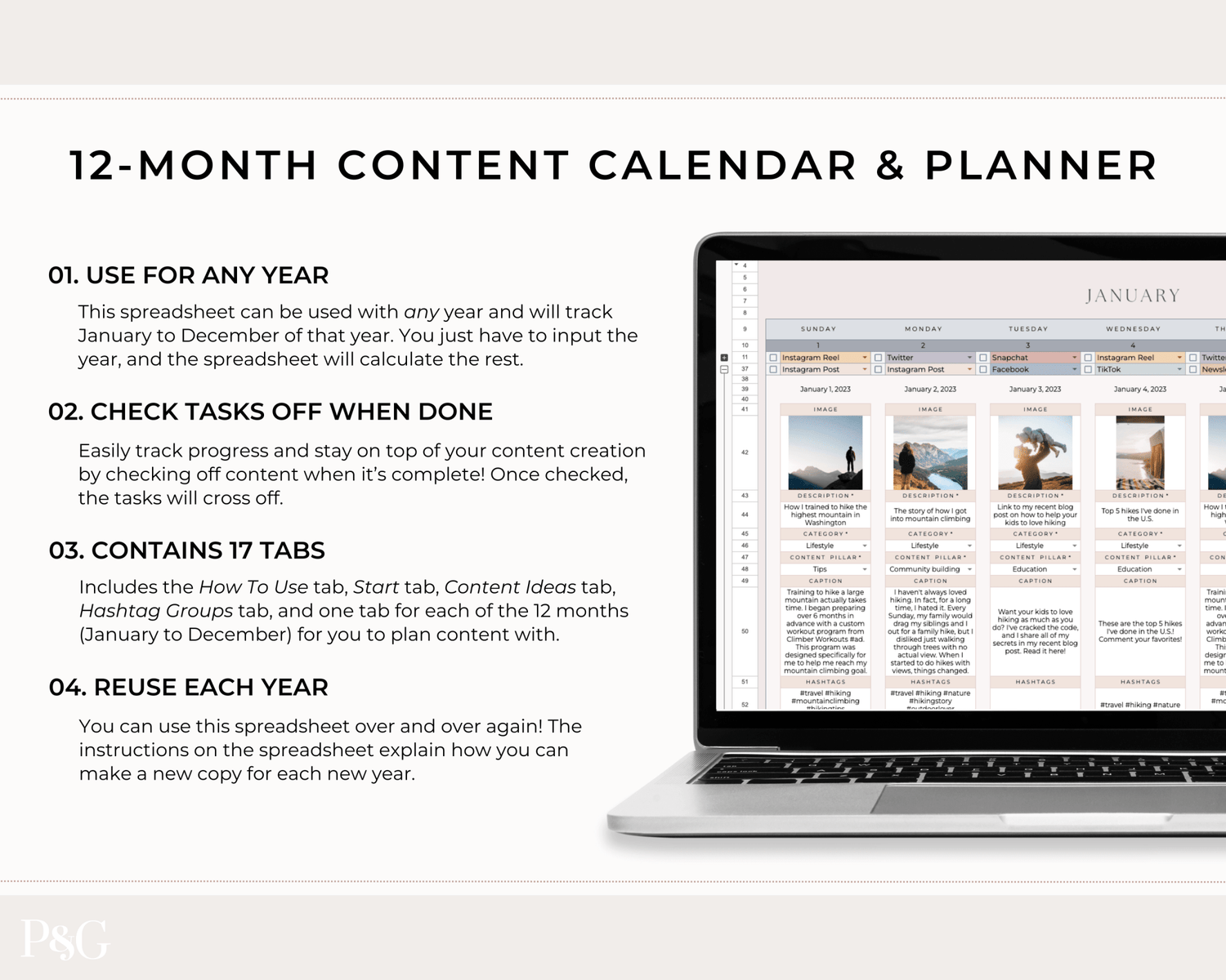 Monthly Social Media Content Calendar for Google Sheets - Palm &amp; Grace 