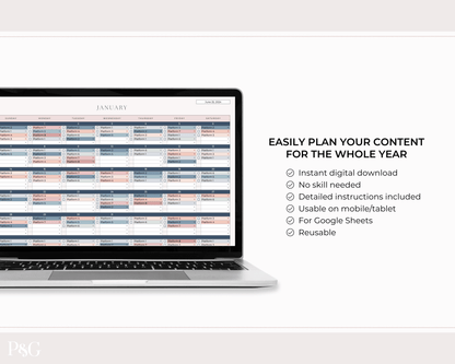 Monthly Social Media Content Calendar for Google Sheets - Palm &amp; Grace 
