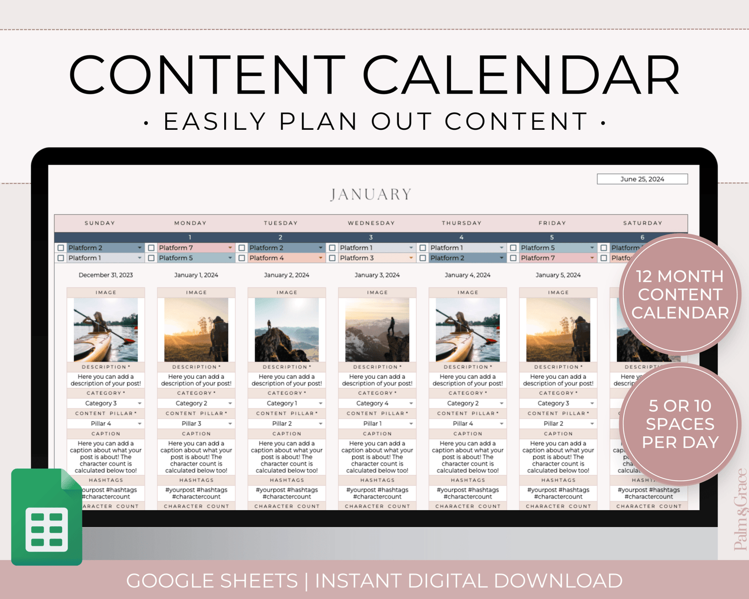 Monthly Social Media Content Calendar for Google Sheets - Palm &amp; Grace 