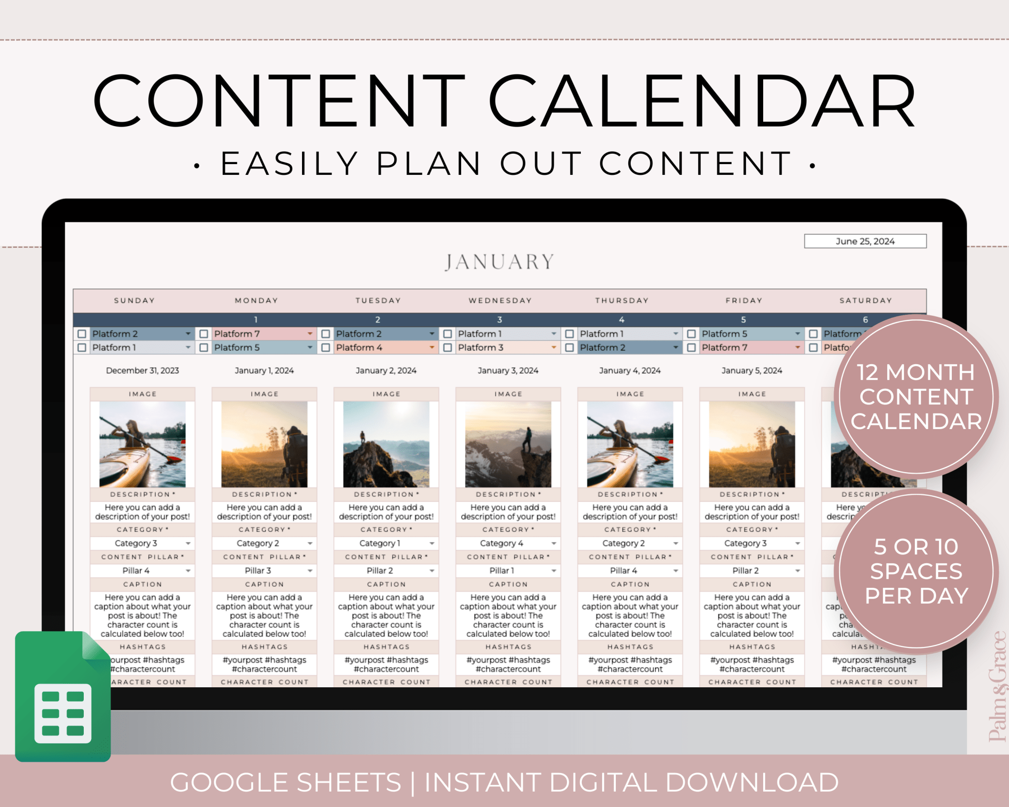 Monthly Social Media Content Calendar for Google Sheets - Palm &amp; Grace 
