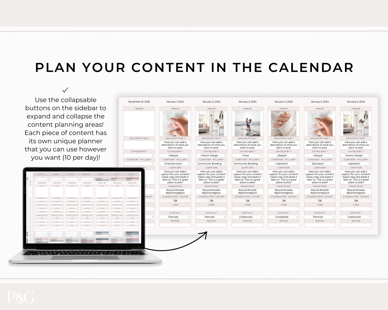 Monthly Social Media Content Calendar for Google Sheets - Palm &amp; Grace 