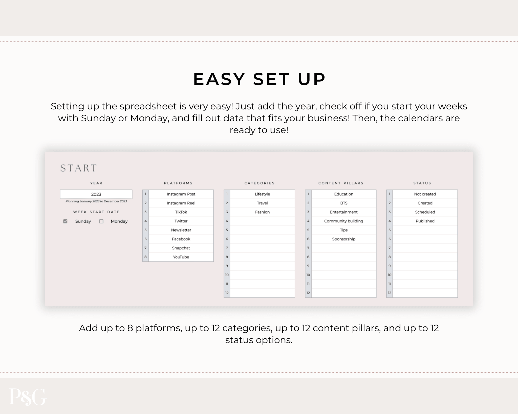Monthly Social Media Content Calendar for Google Sheets - Palm &amp; Grace 