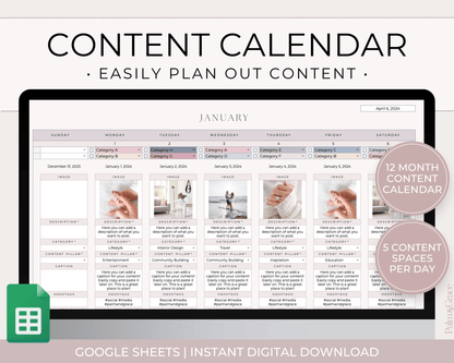Monthly Social Media Content Calendar for Google Sheets - Palm &amp; Grace 