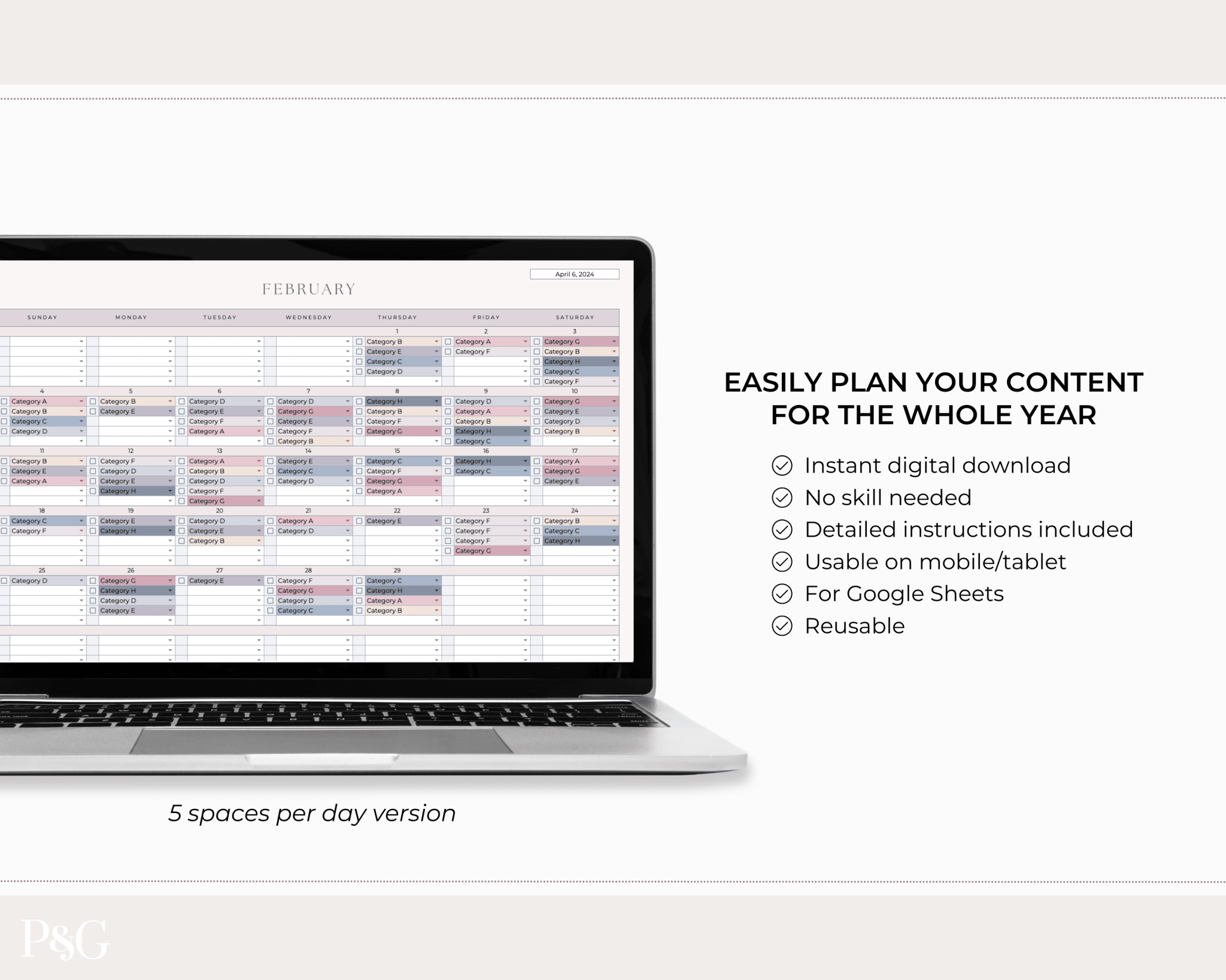 Monthly Social Media Content Calendar for Google Sheets - Palm &amp; Grace 