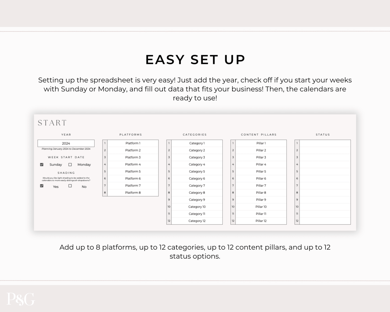 NEW DESIGN: Social Media Content Calendar Spreadsheet for Google Sheets - Palm &amp; Grace