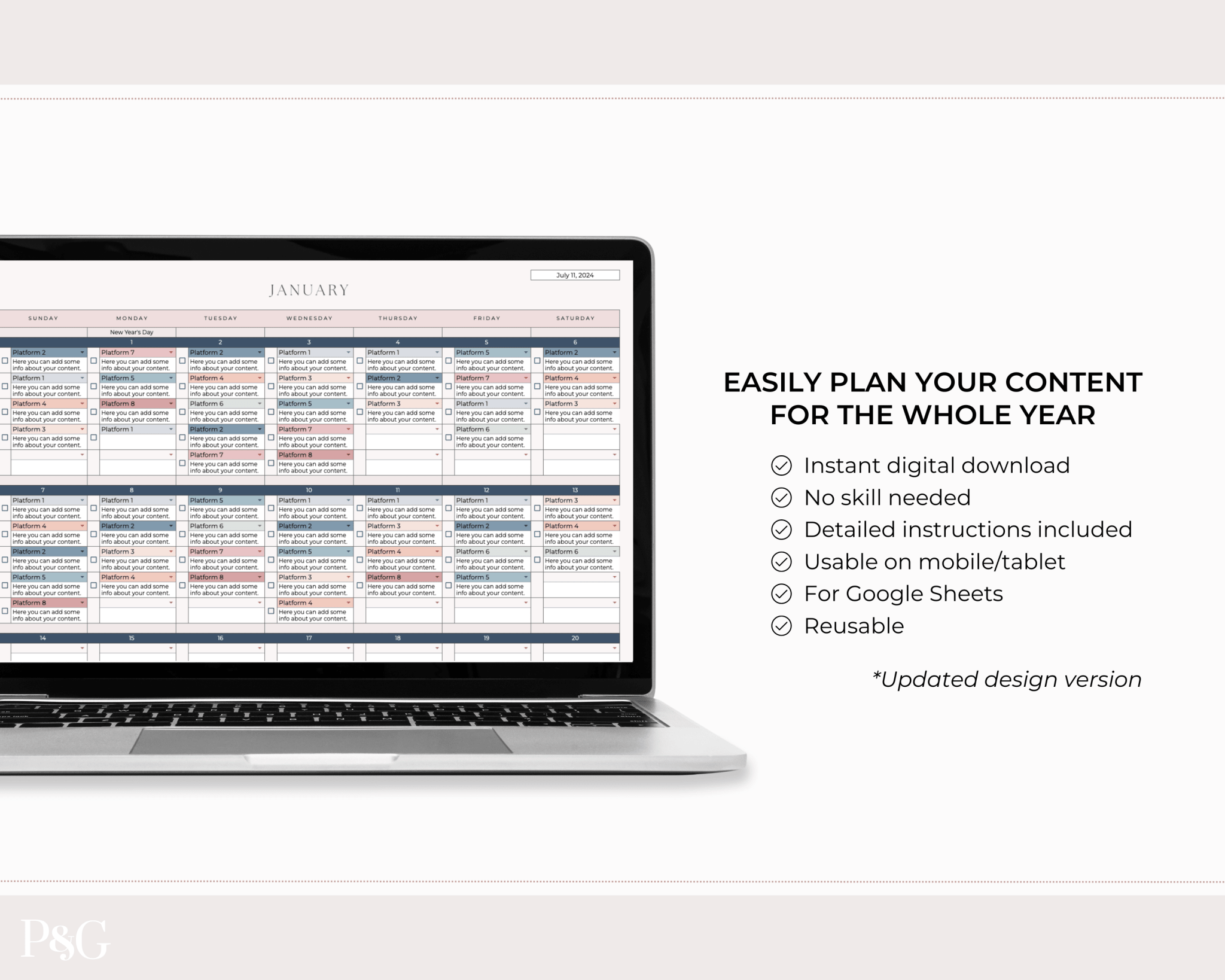 NEW DESIGN: Social Media Content Calendar Spreadsheet for Google Sheets - Palm &amp; Grace