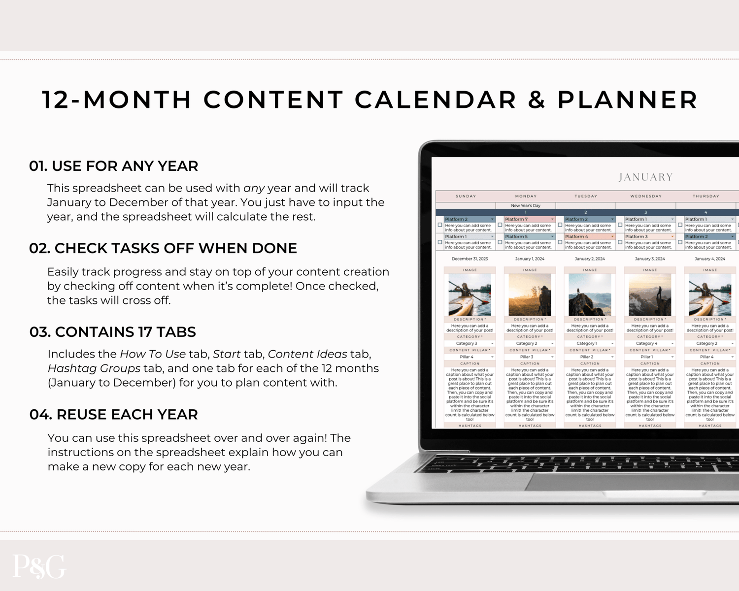 NEW DESIGN: Social Media Content Calendar Spreadsheet for Google Sheets - Palm &amp; Grace