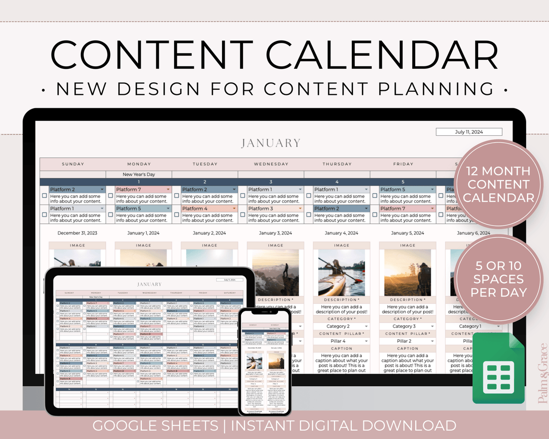 NEW DESIGN: Social Media Content Calendar Spreadsheet for Google Sheets - Palm &amp; Grace
