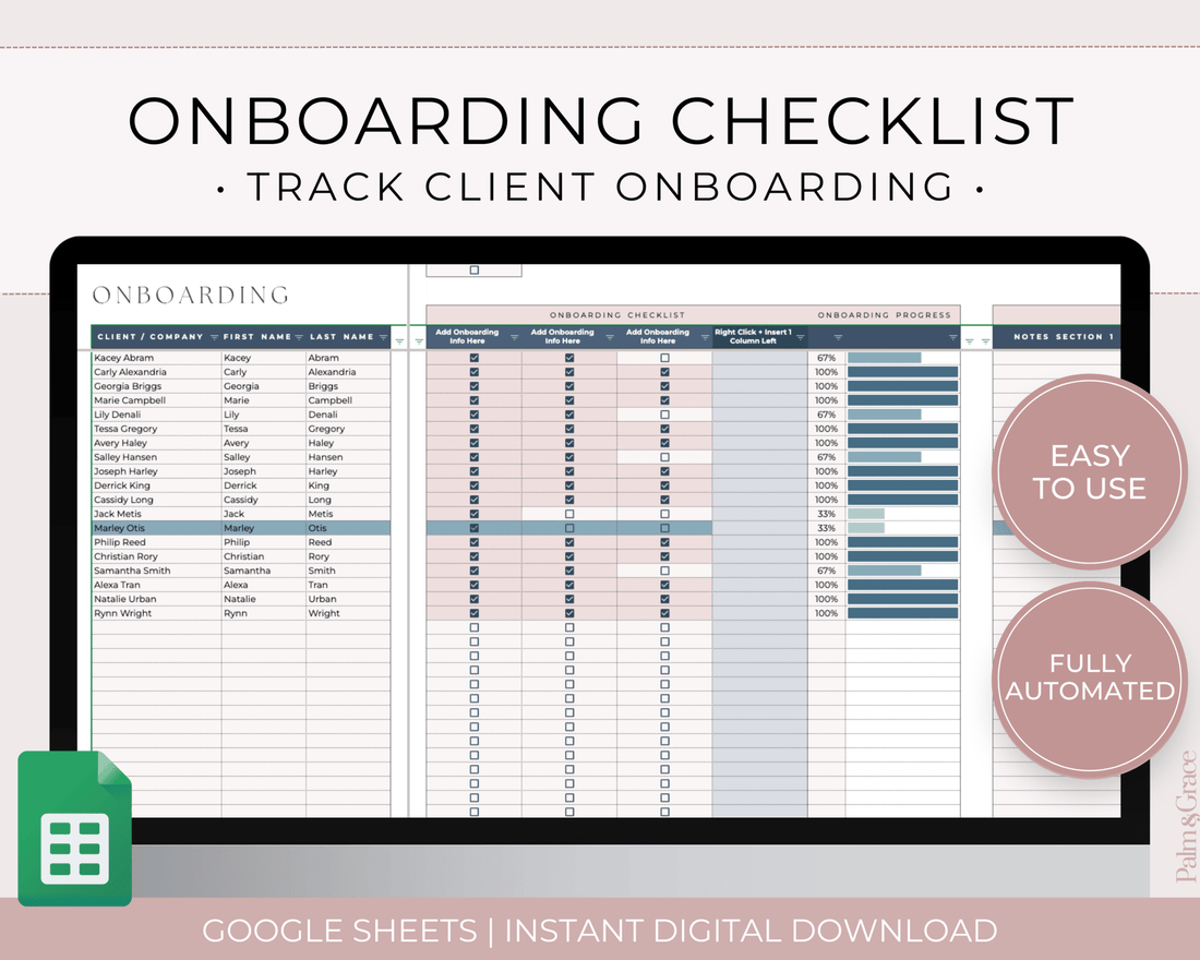 Onboarding Checklist Template for Google Sheets - Palm &amp; Grace