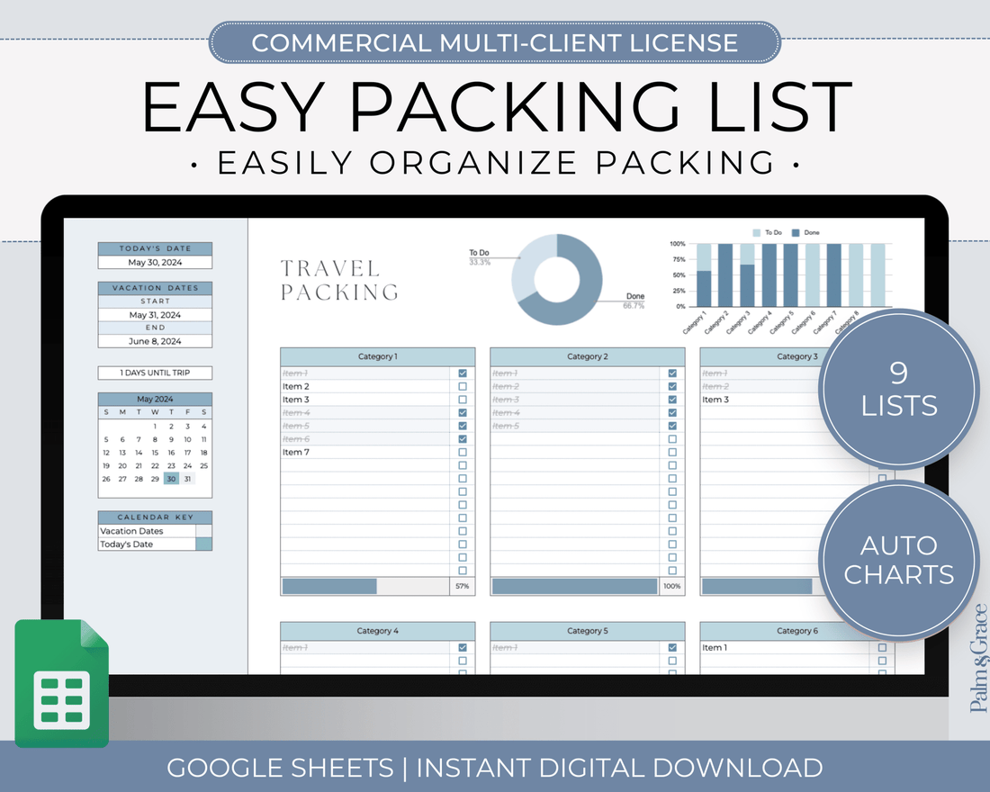 Packing List Template for Google Sheets (Commercial Multi - Client License) - Palm &amp; Grace